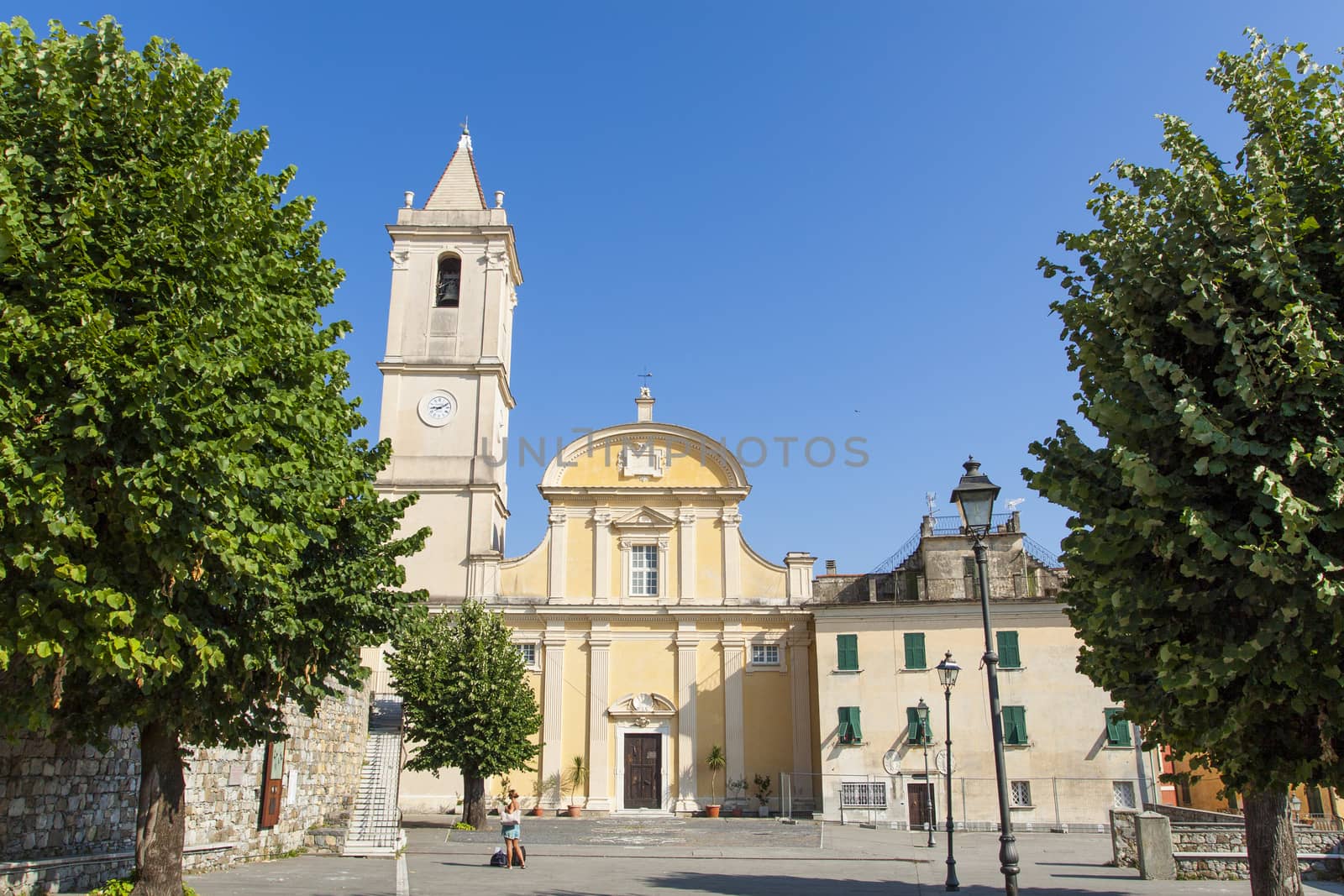 Vezzano Ligure, IT - July 12. Bottom view of San Sebastiano & Santa Maria Assunta Church