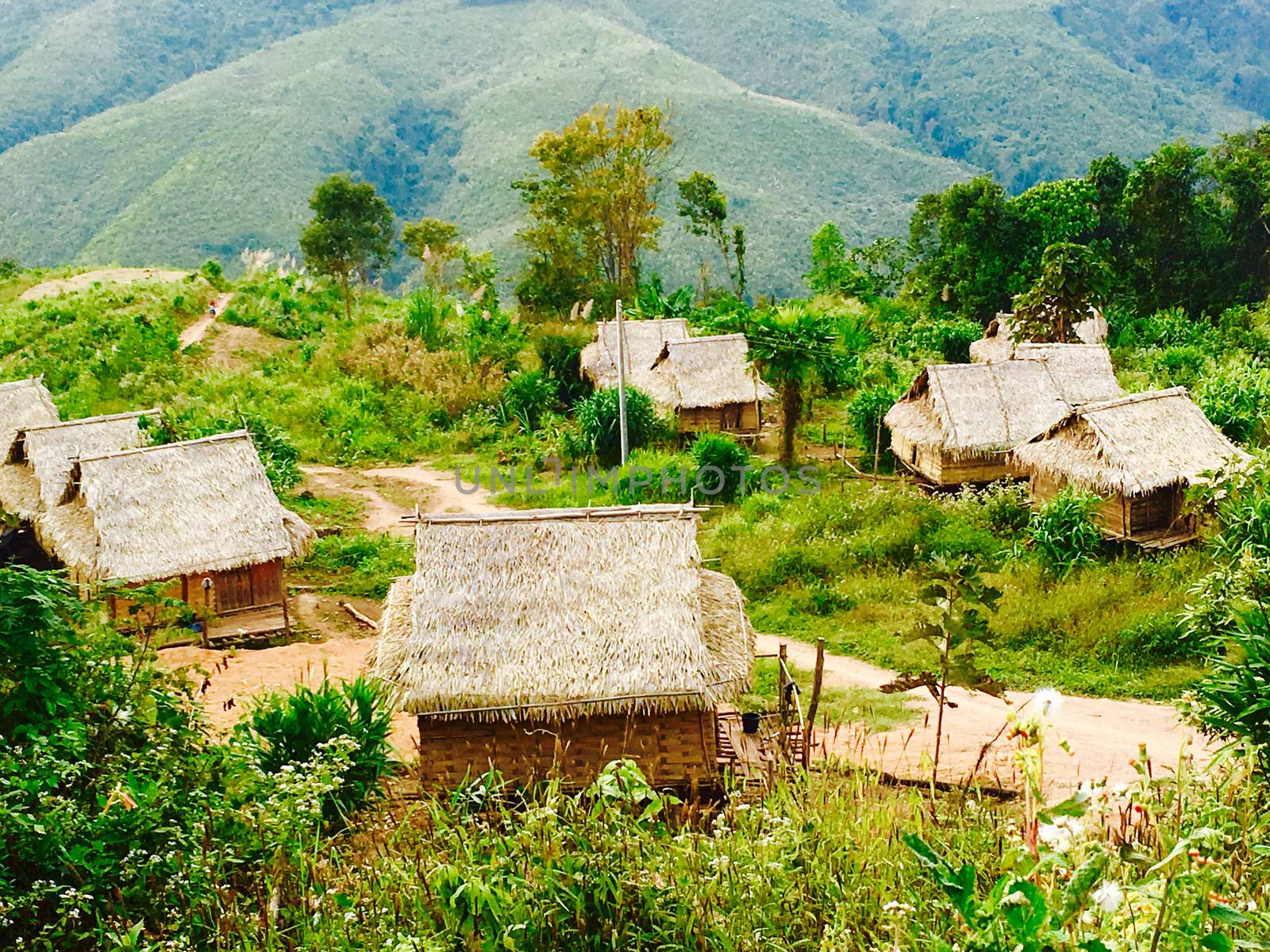 Viewpoints Local rural houses close up with mountains background in laos, asia