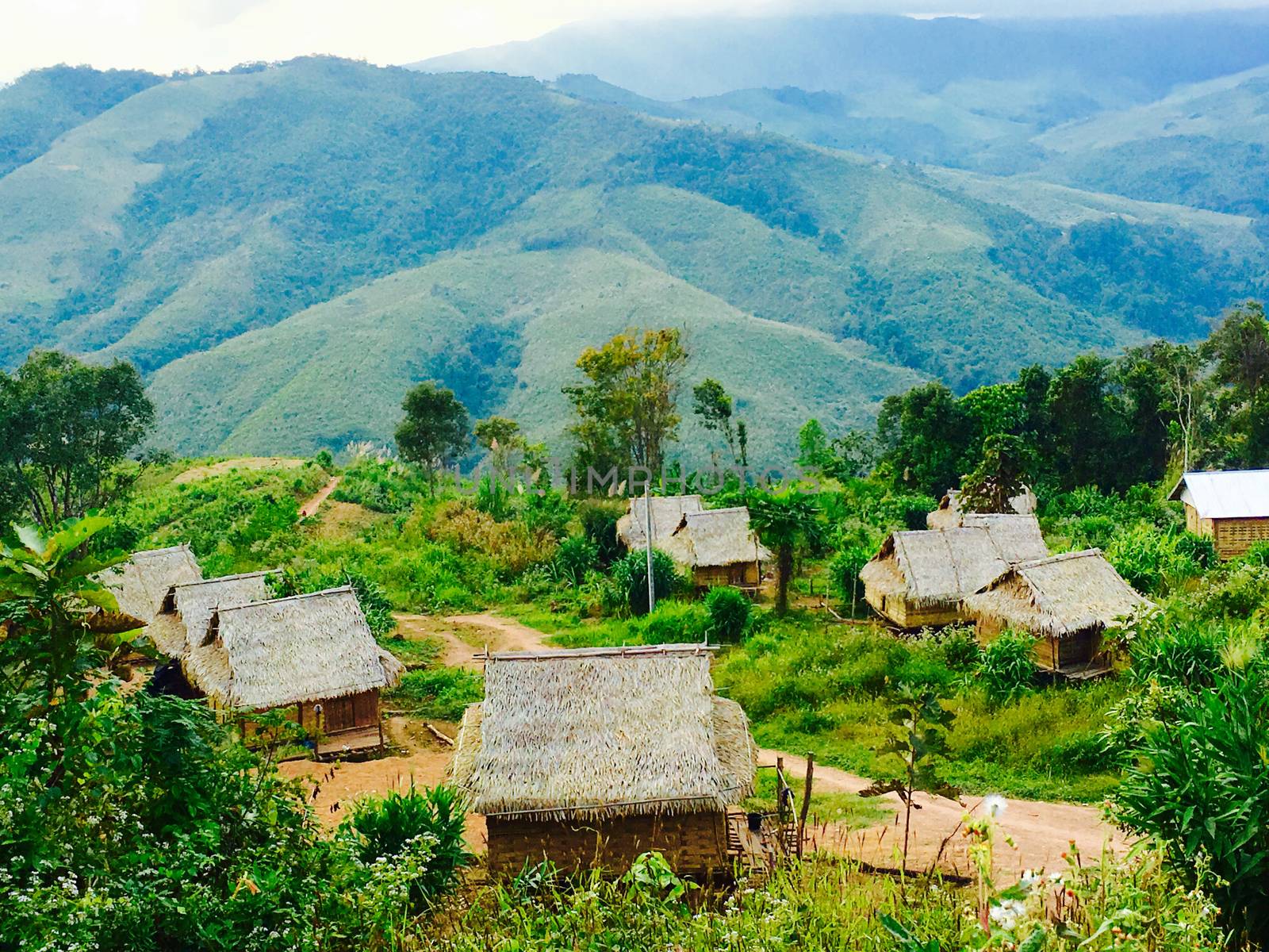 Viewpoints Local rural houses with mountains background in laos, asia