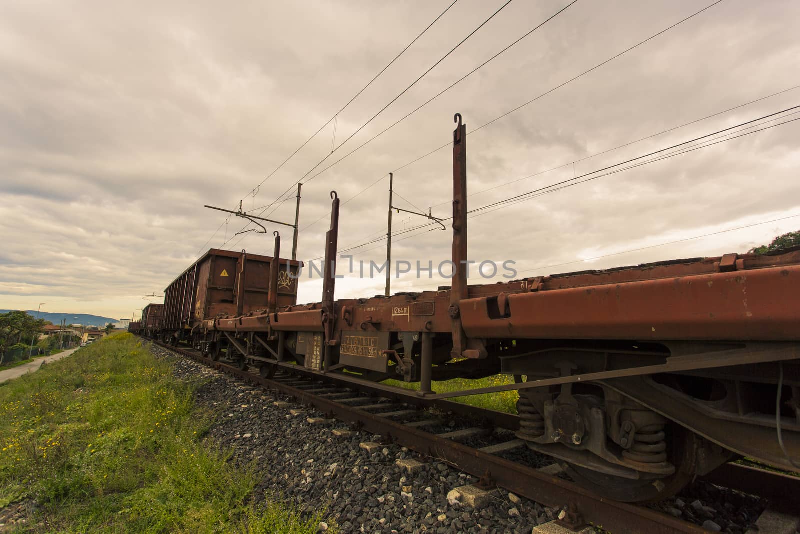 Diagonal view of a freight train stopped