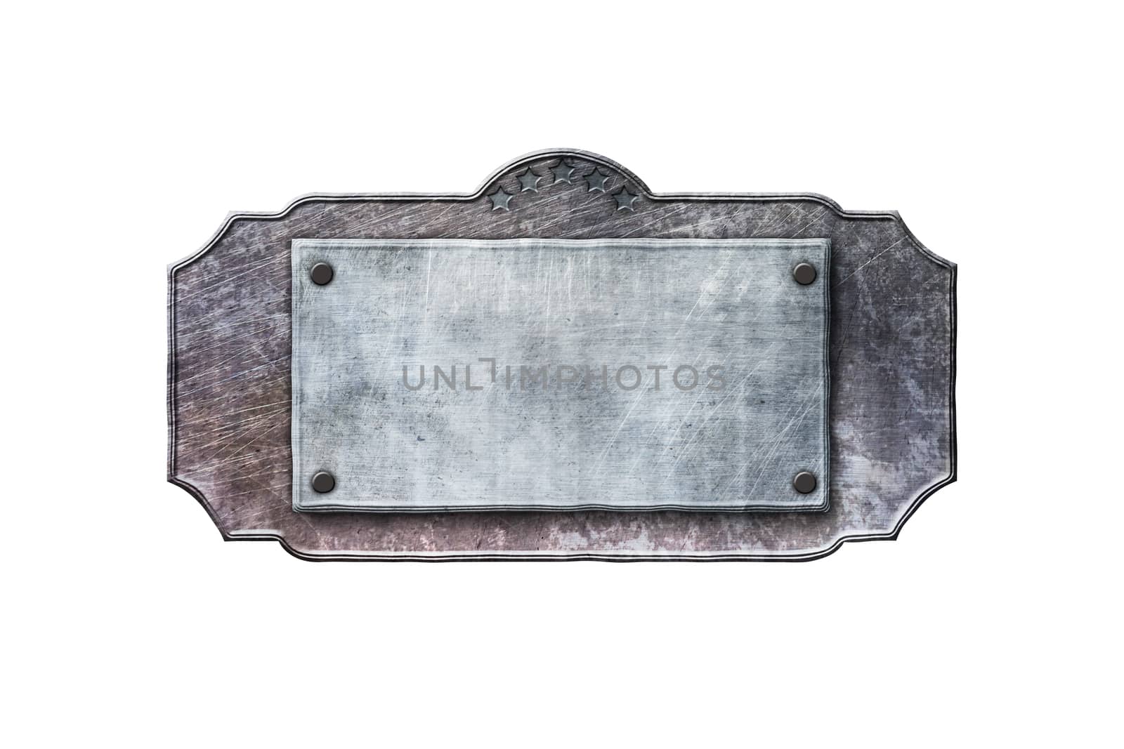 old metal sign board on isolated white background. western style. 3d illustration.