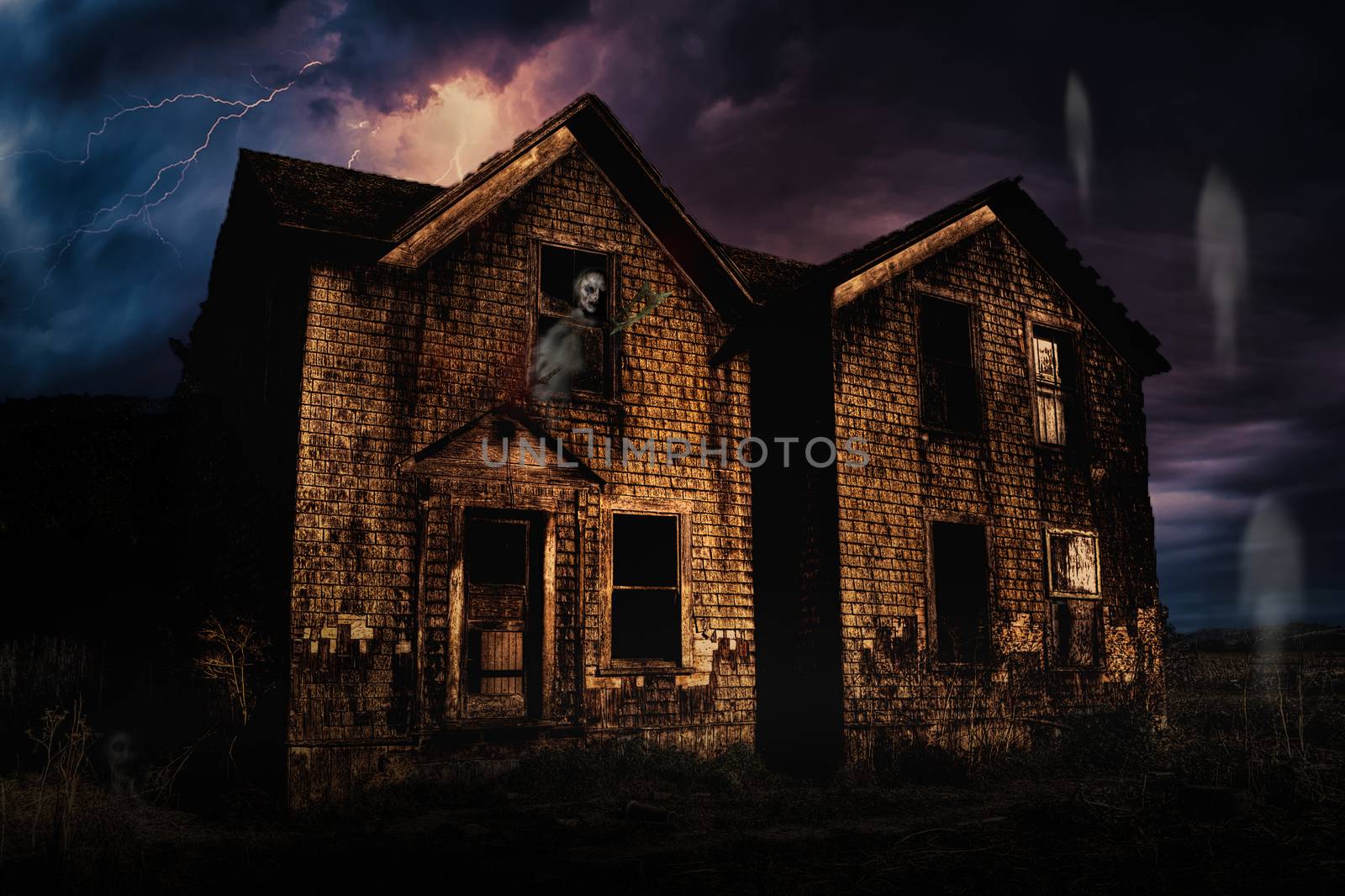 Haunted House with Lightning and Ghosts, Color Image