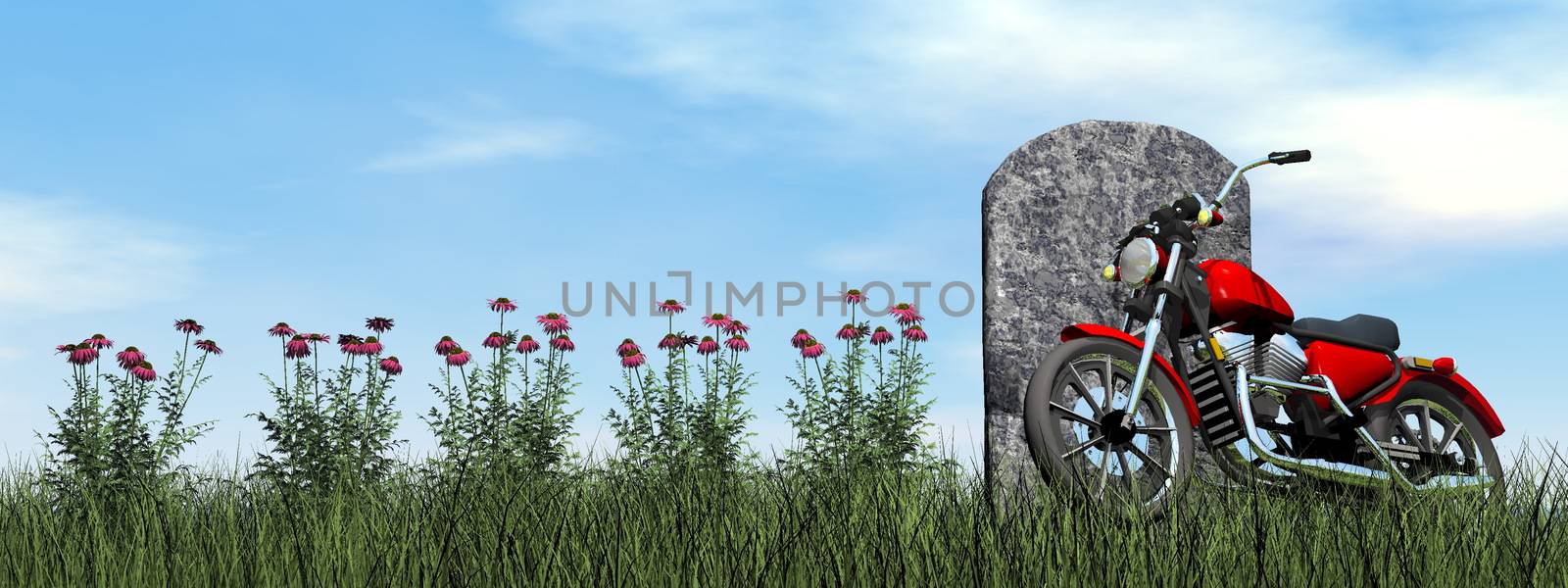 Motorcyclist tombstone by cloudy day - 3D render