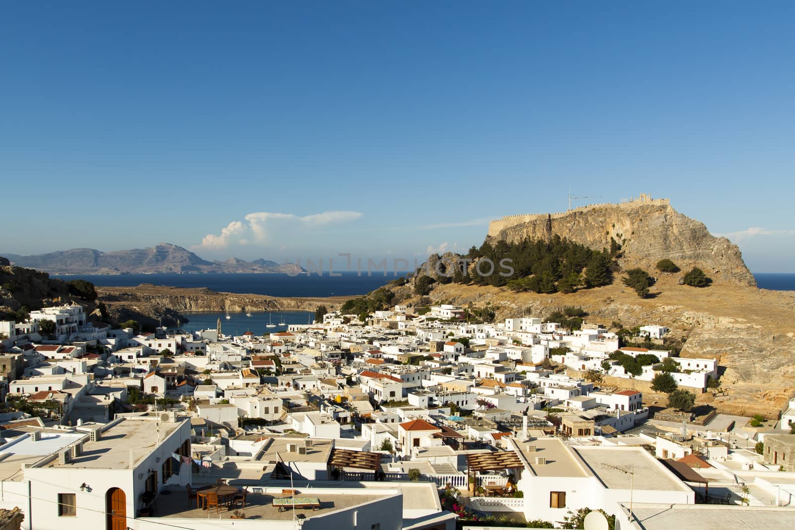 Panoramic view of the village of Lindos in a sunny day