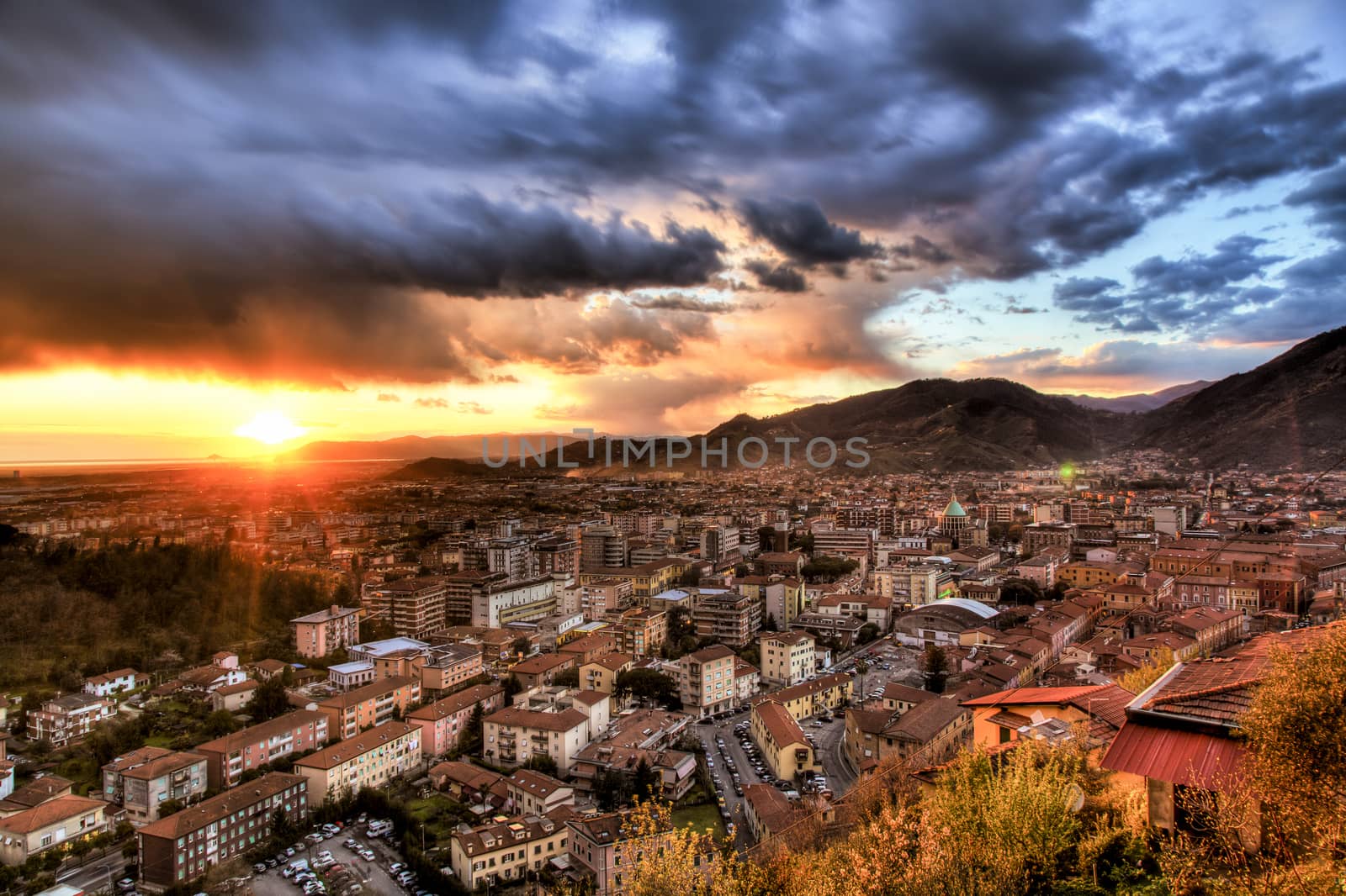 view of the city of Massa at sunset using HDR technique
