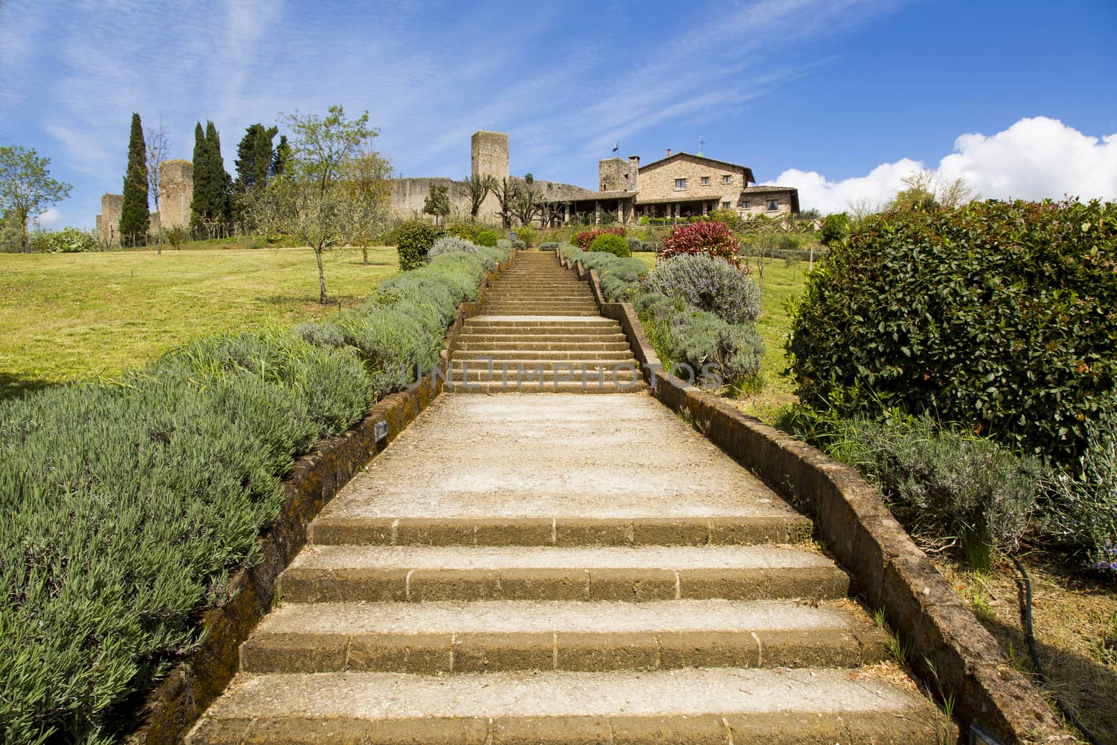 View of a staircase of an ancient Tuscan village in a sunny day