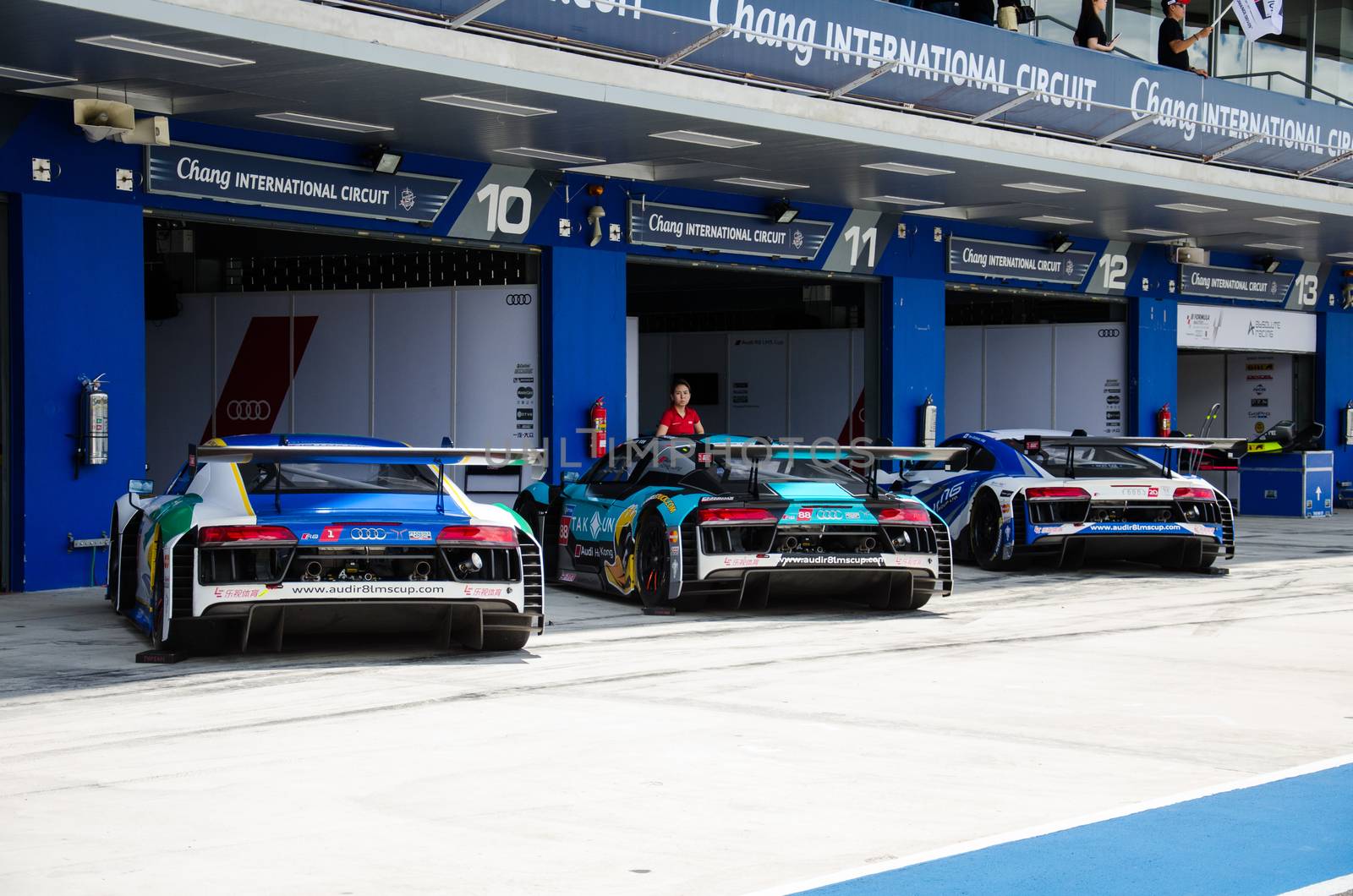 BURIRAM - THAILAND 24 : Audi R8 LMS Cup on display Buriram Super Race 2016 at Chang International Racing Circuit on July 24, 2016, Buriram, Thailand.