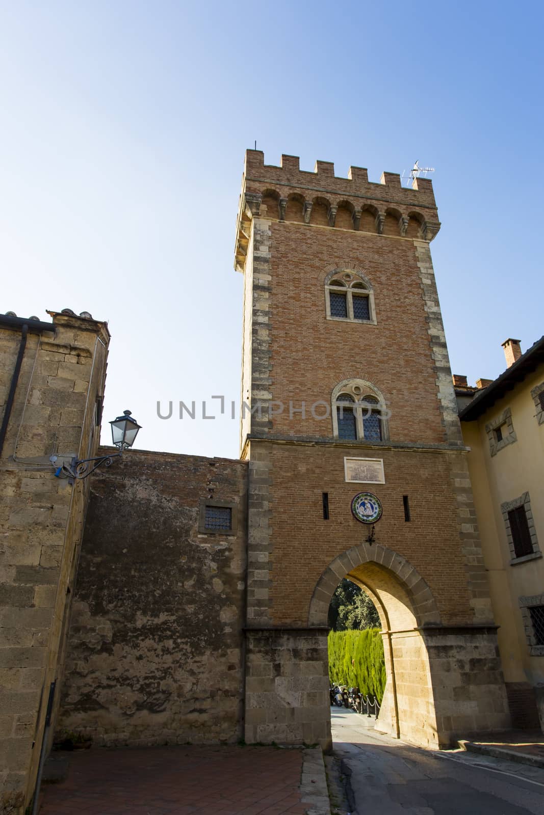 Bolgheri castle, Bolgheri Tuscan IT- November 2, 2014. View from the bottom of the main tower of the castle of Bolgheri.