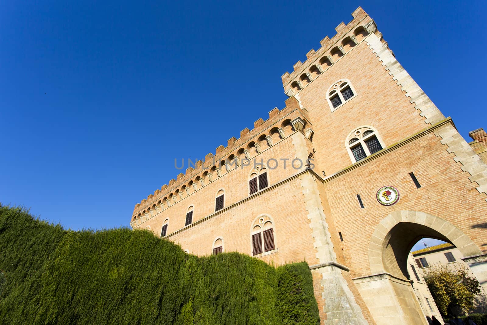 Bolgheri castle, Bolgheri Tuscan IT- November 2, 2014. View from the bottom of the main tower of the castle of Bolgheri.