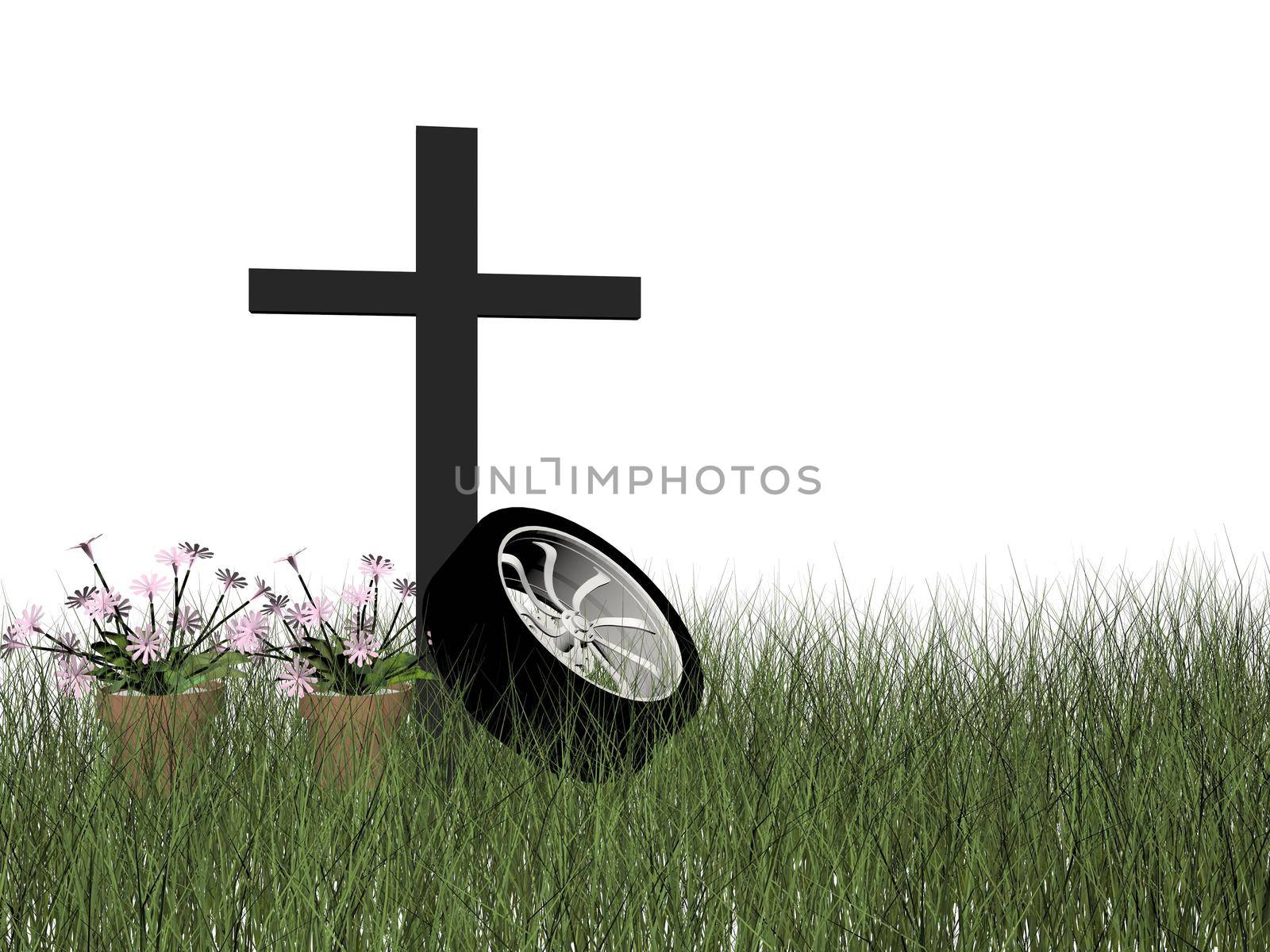 death in a car accident and flower isolated in white background