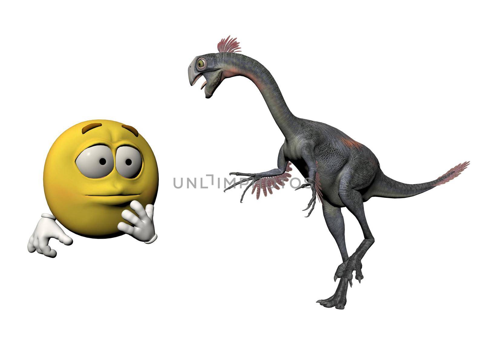 emoticon scared at the sight of a dinosaur isolated in white background