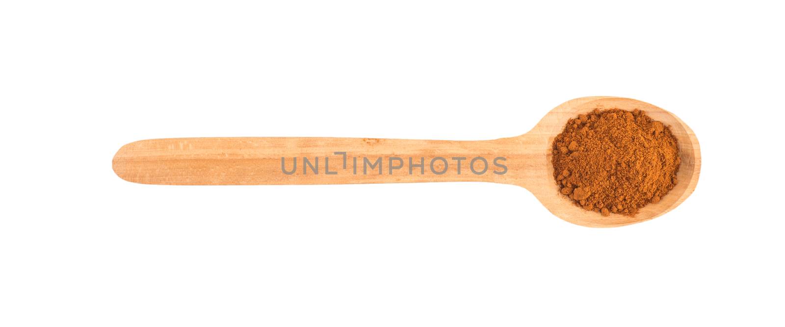 close up of pepper paprika seasoning in wooden spoon on white background with clipping path