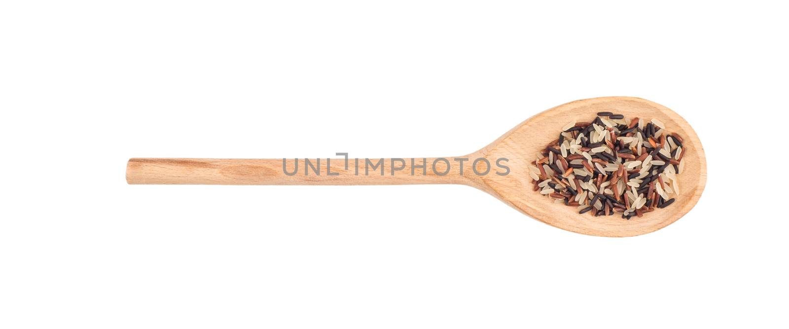 a mixture of types of rice in a wooden spoon