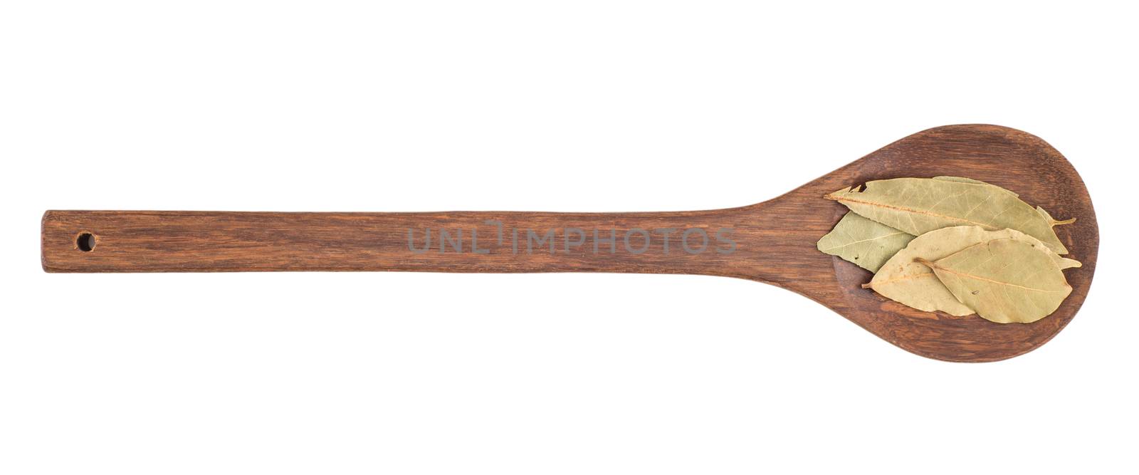 close up of laurel leaves in wooden spoon on white background with clipping path