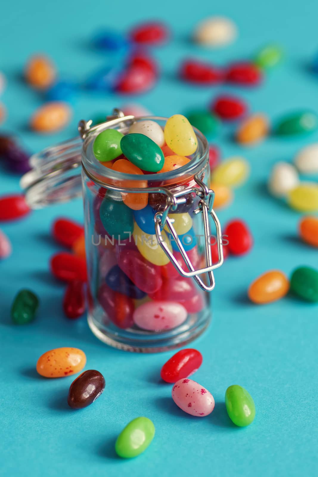 sweet and colorful jellybeans in a jar