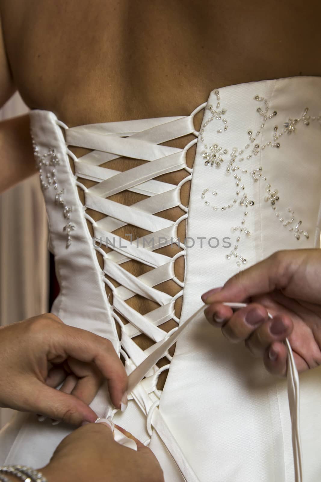 Close up view detail of a wedding dress