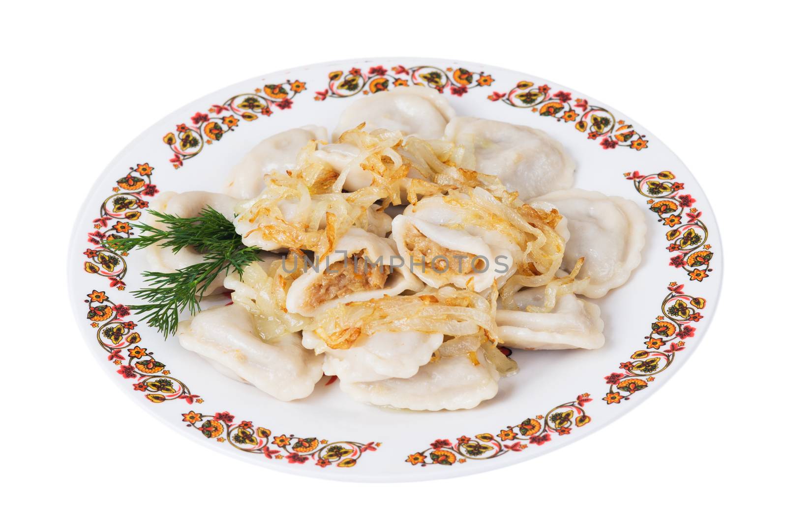 Ukrainian dumplings with fried cabbage on plate on white background, isolated