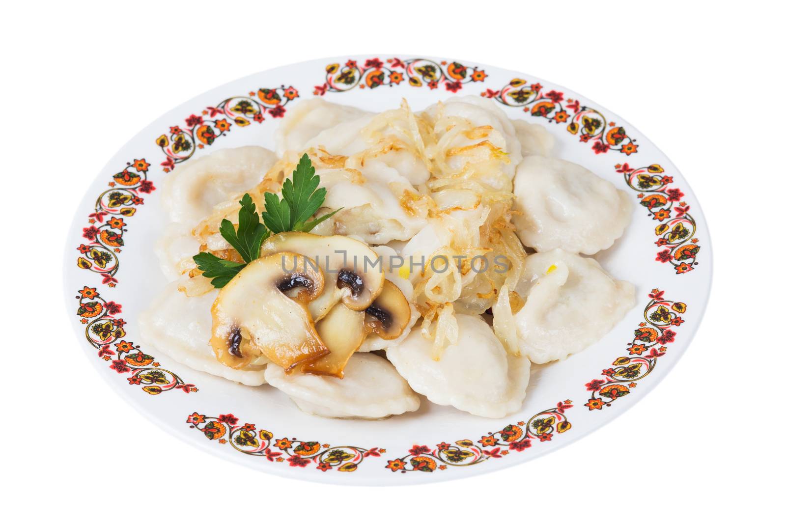 Ukrainian dumplings with mushrooms on plate on white background, isolated