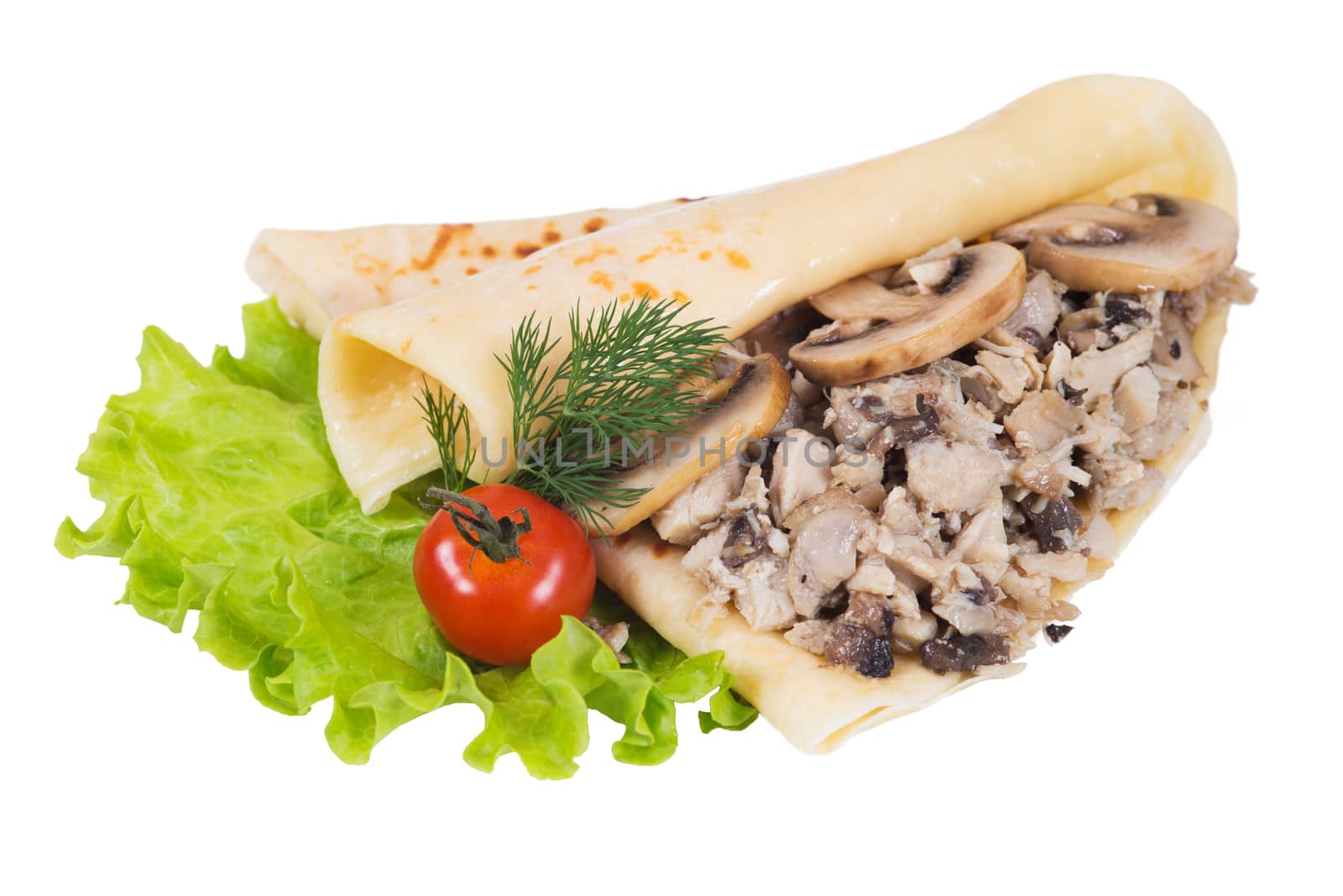 Pancakes with meat and mushrooms on a white background by kzen