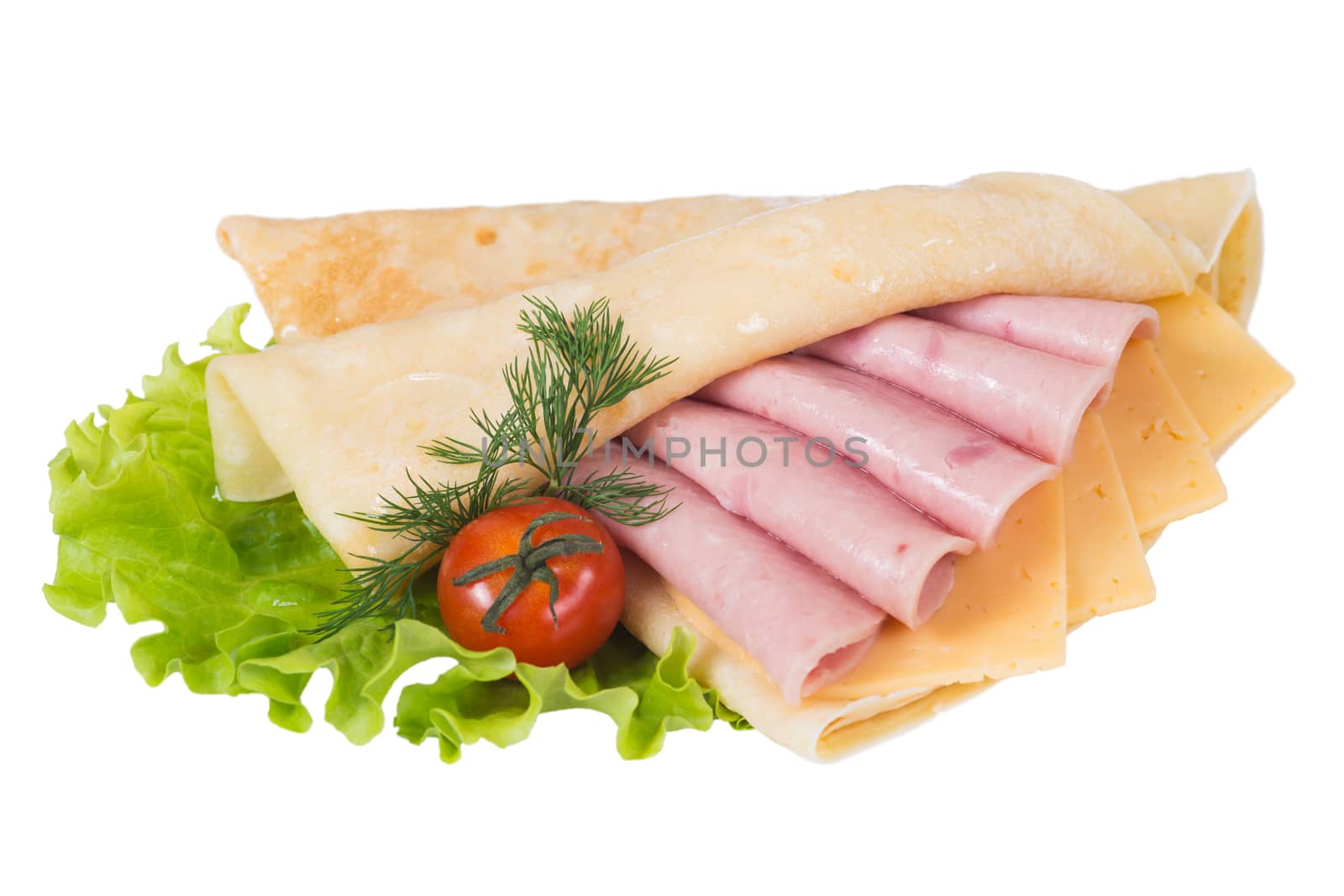 Pancakes with ham and cheese on a white background, isolated