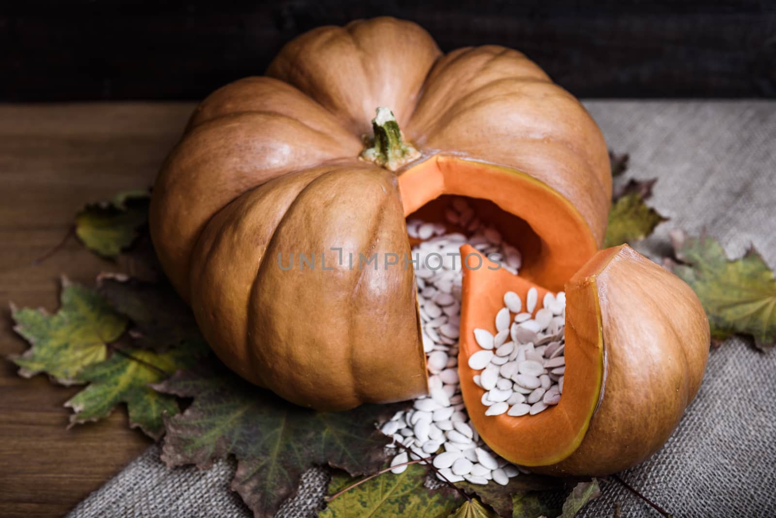 pumpkin lying on a wooden table with viburnum and seeds