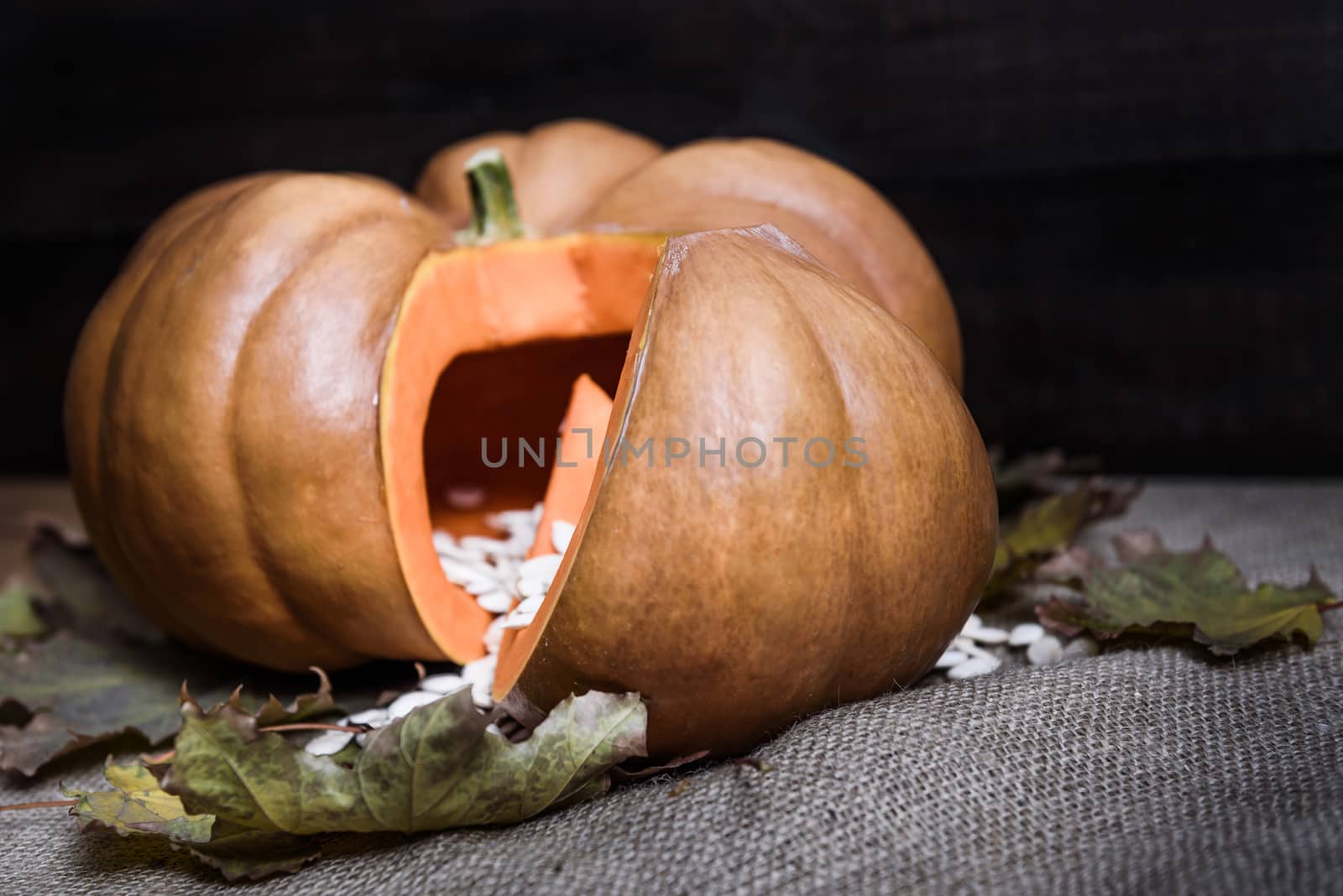 pumpkin lying on a wooden table with viburnum and seeds