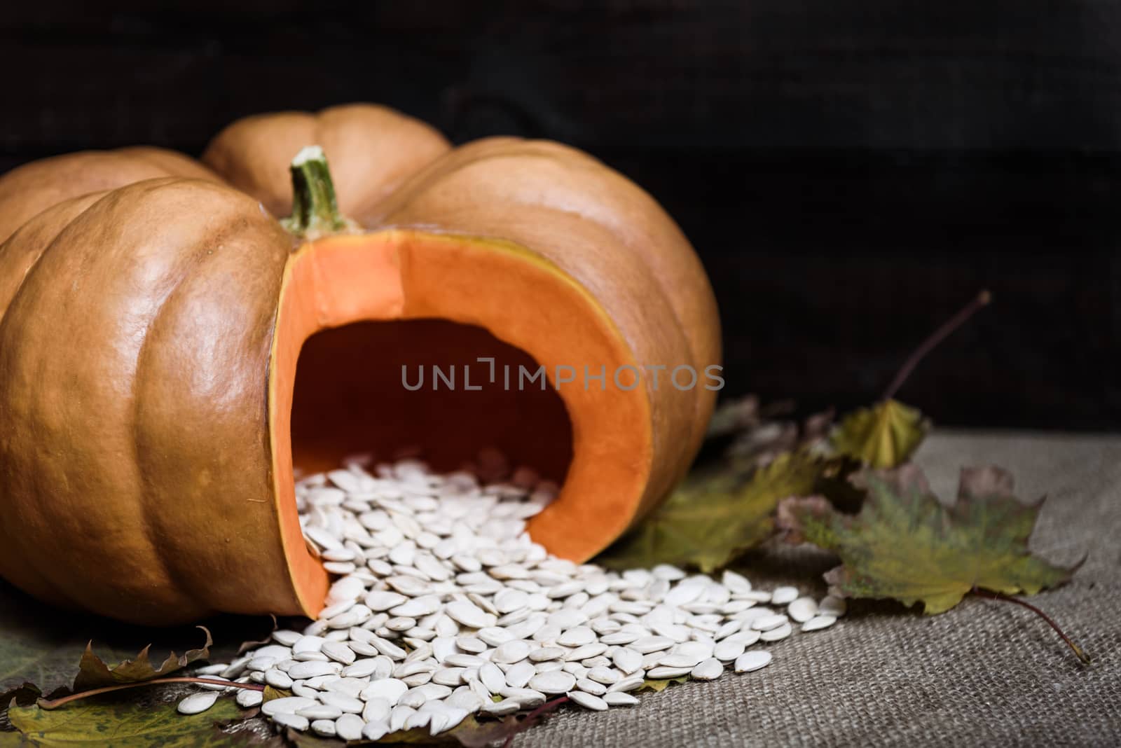 pumpkin lying on a wooden table with viburnum and seeds
