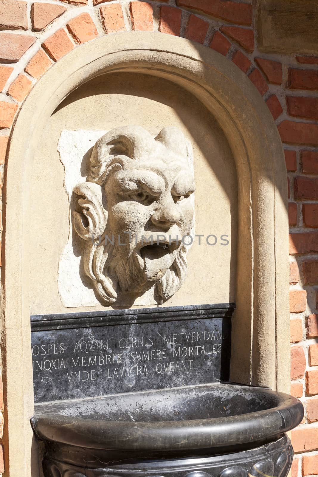 Details of fountain with mascaron in the courtyard of Collegium Maius, Old Town, Krakow, Poland.