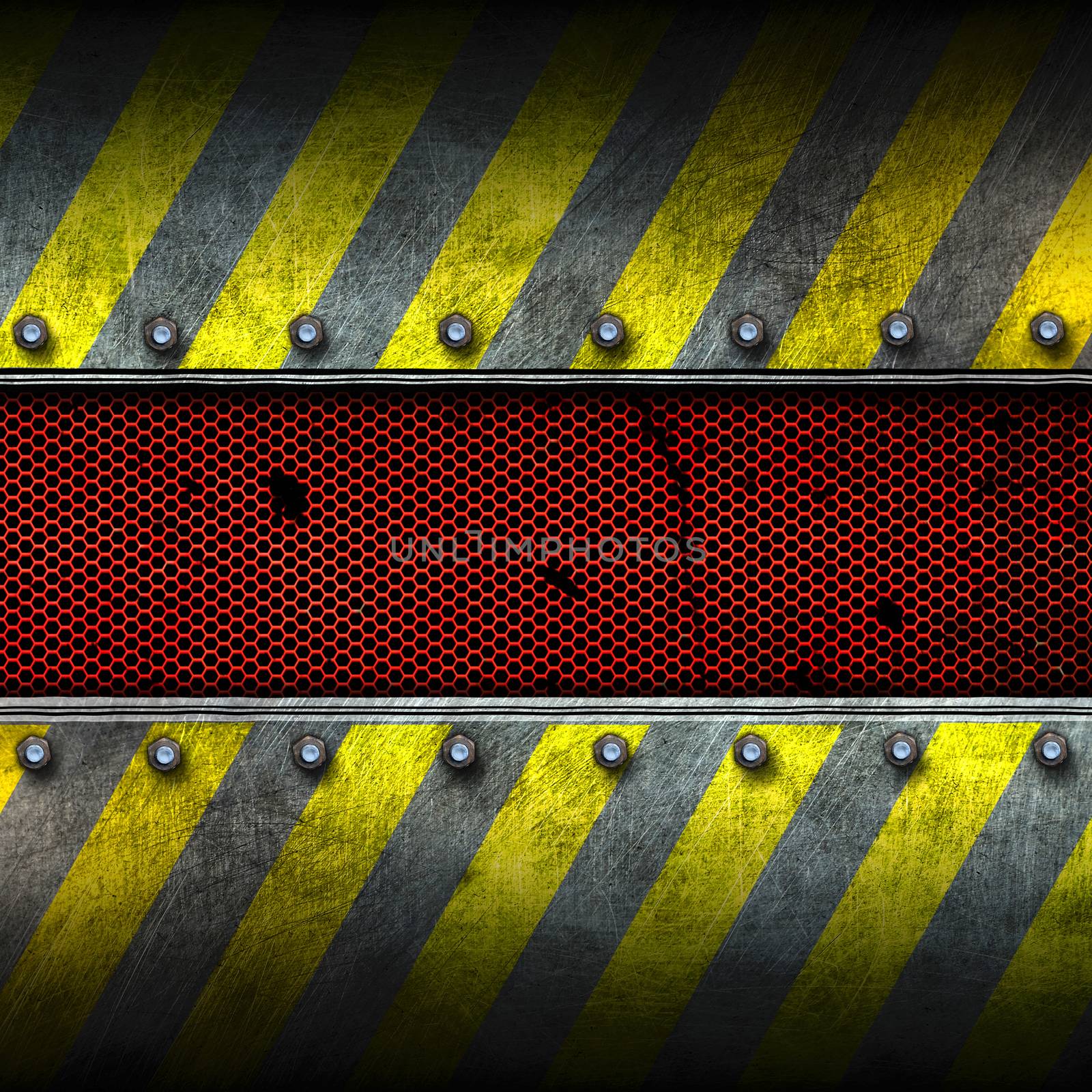 grunge metal and red mesh with yellow painted. safety zone. 3d illustration. background and texture.