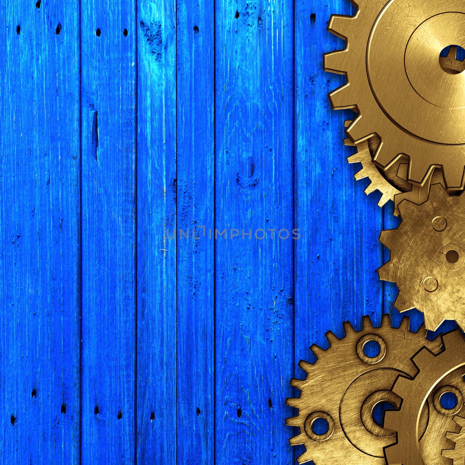metal gear on blue rustic wood board. meterial design. by Tanayus