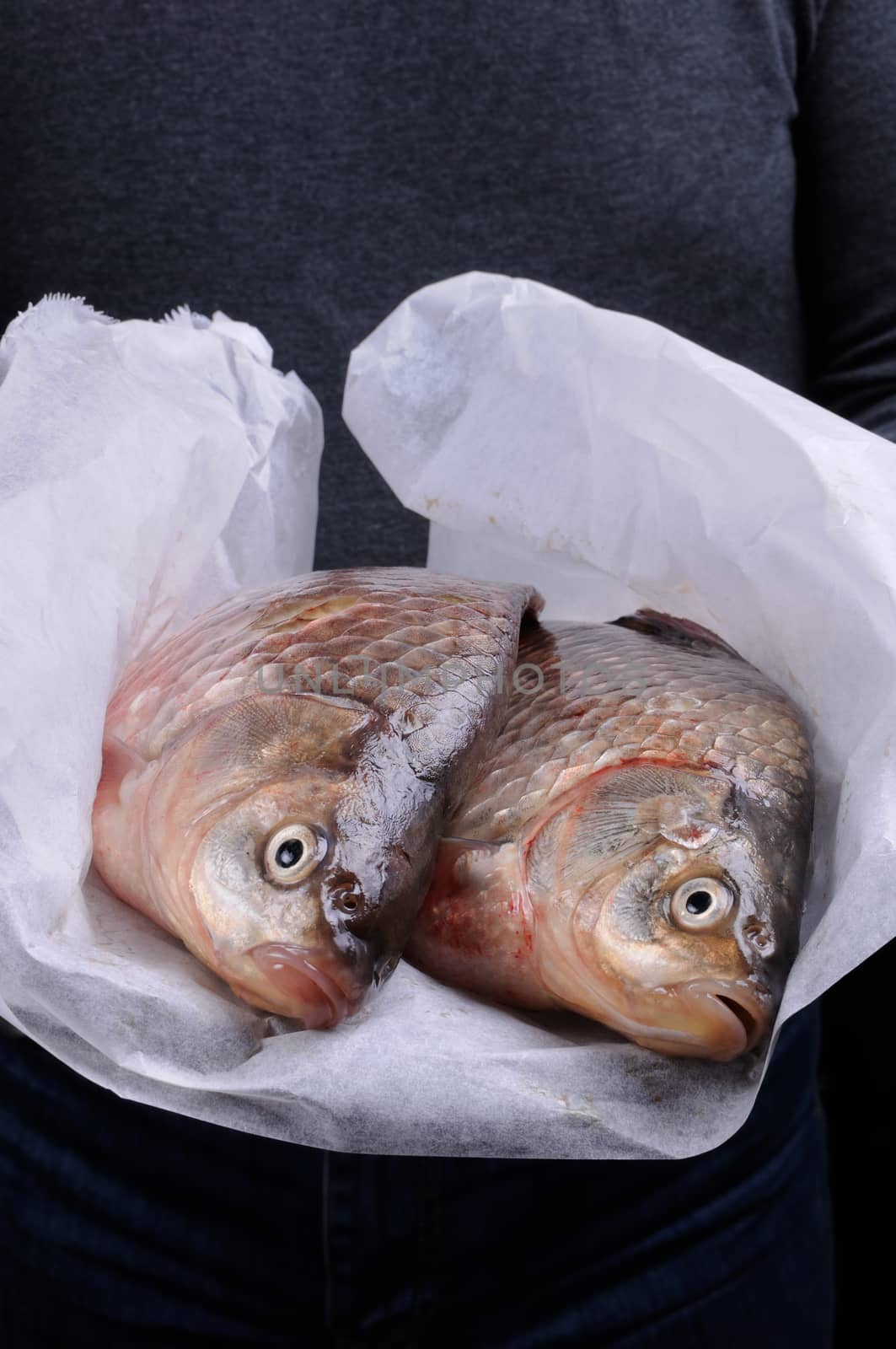 Man holding fresh crucian carp stacked on paper