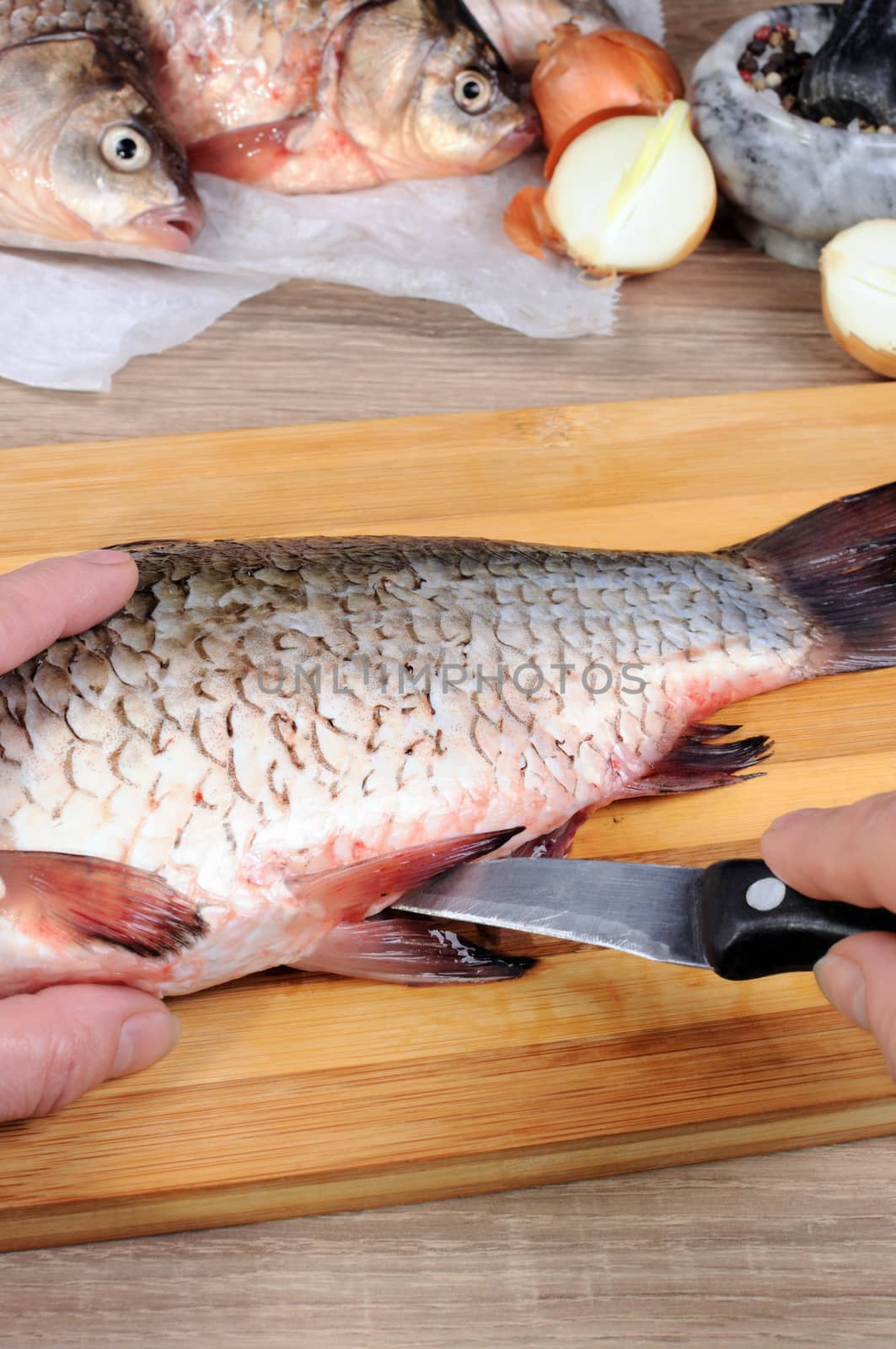 Cutting  fresh crucian carp on a wooden cutting board