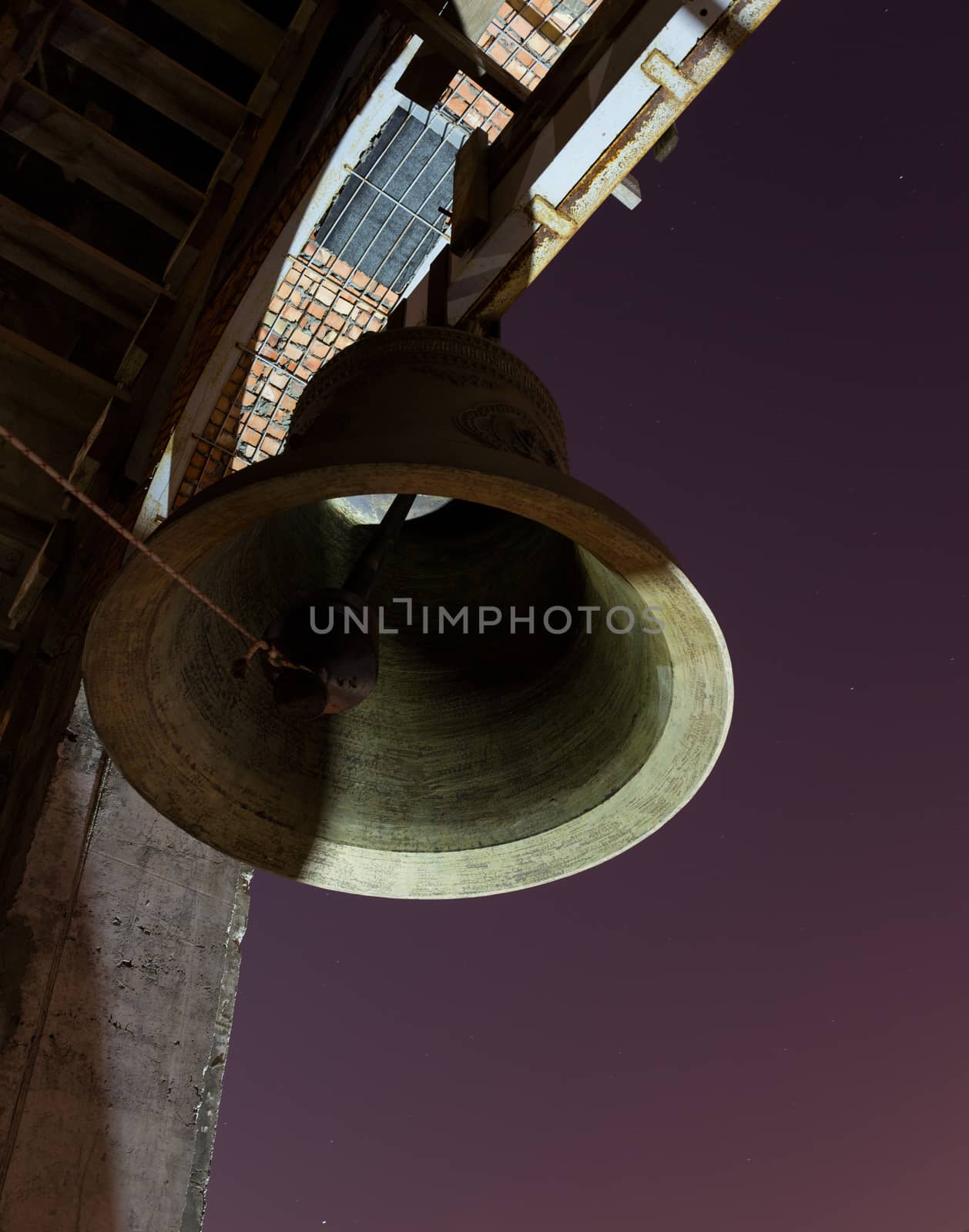 Night view at the full moon of the bells at the Cathedrals’ belfry in Penza, Russia