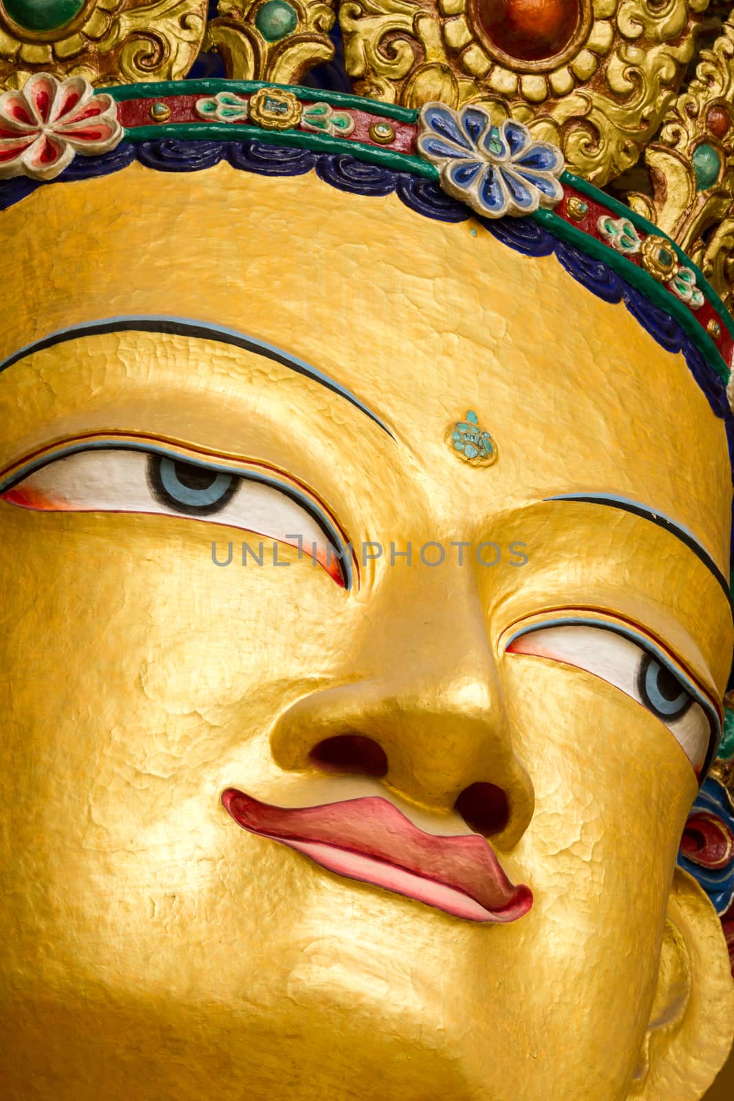 Closeup of the face of giant statue of the Maitreya Buddha (Leh, Ladakh, northern India)