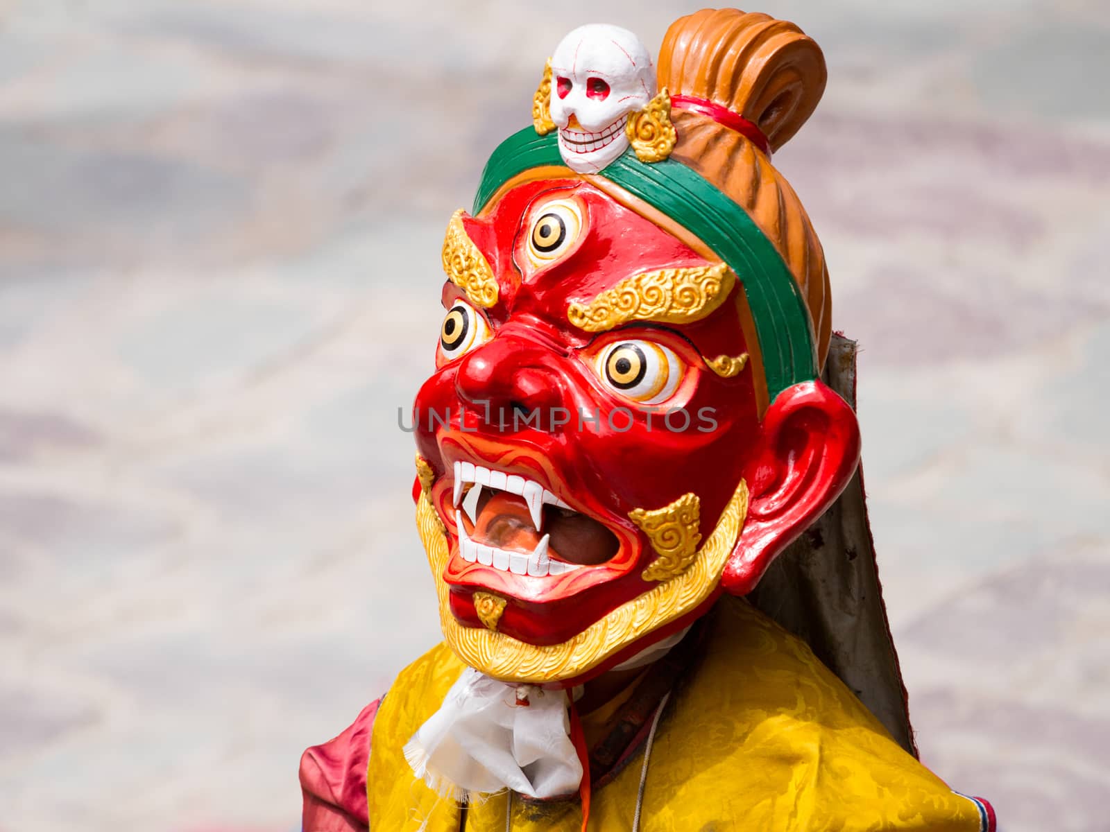 Unidentified monk performs a religious masked and costumed mystery dance of Tibetan Buddhism during the Cham Dance Festival in Hemis monastery, India.