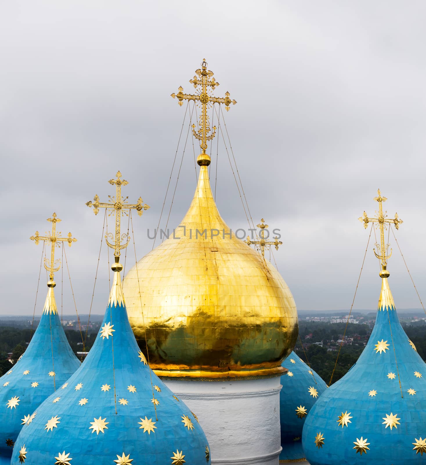 Domes of the Cathedral of the Assumption of Blessed Virgin Mary at Holy Trinity Saint Sergius (Sergiev Posad, Russia).