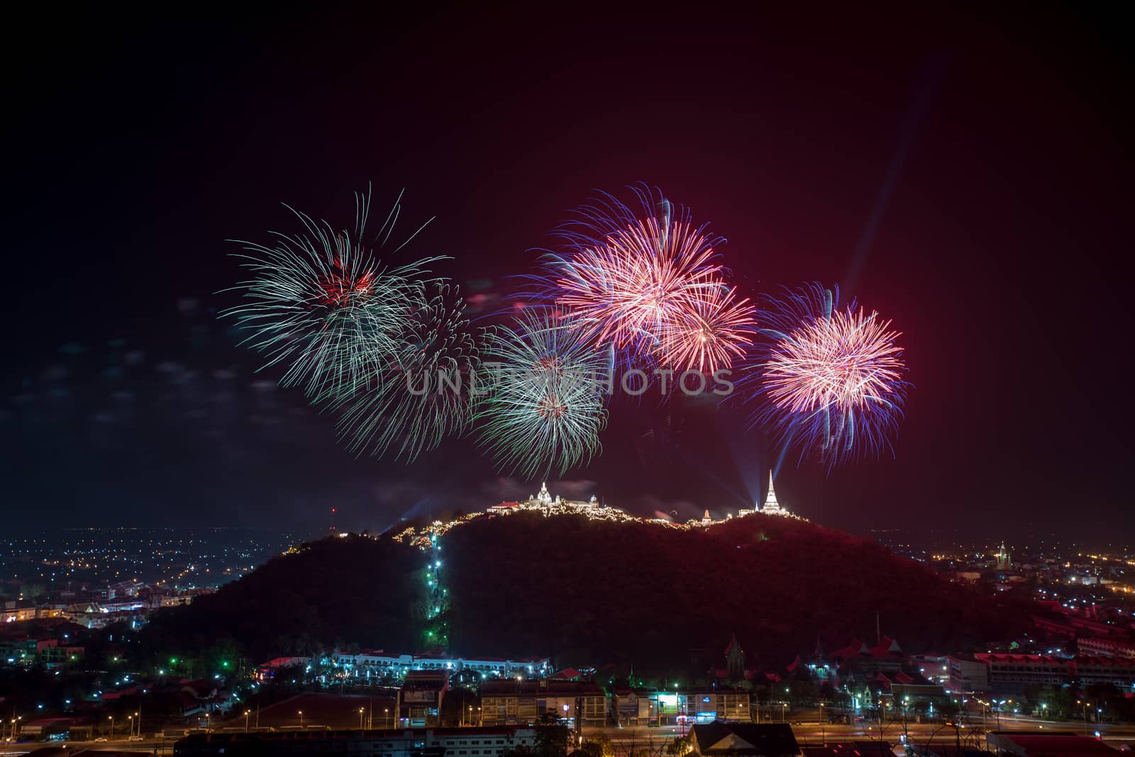 Fireworks show over Khao wang Historical Park, Petchaburi, thailand