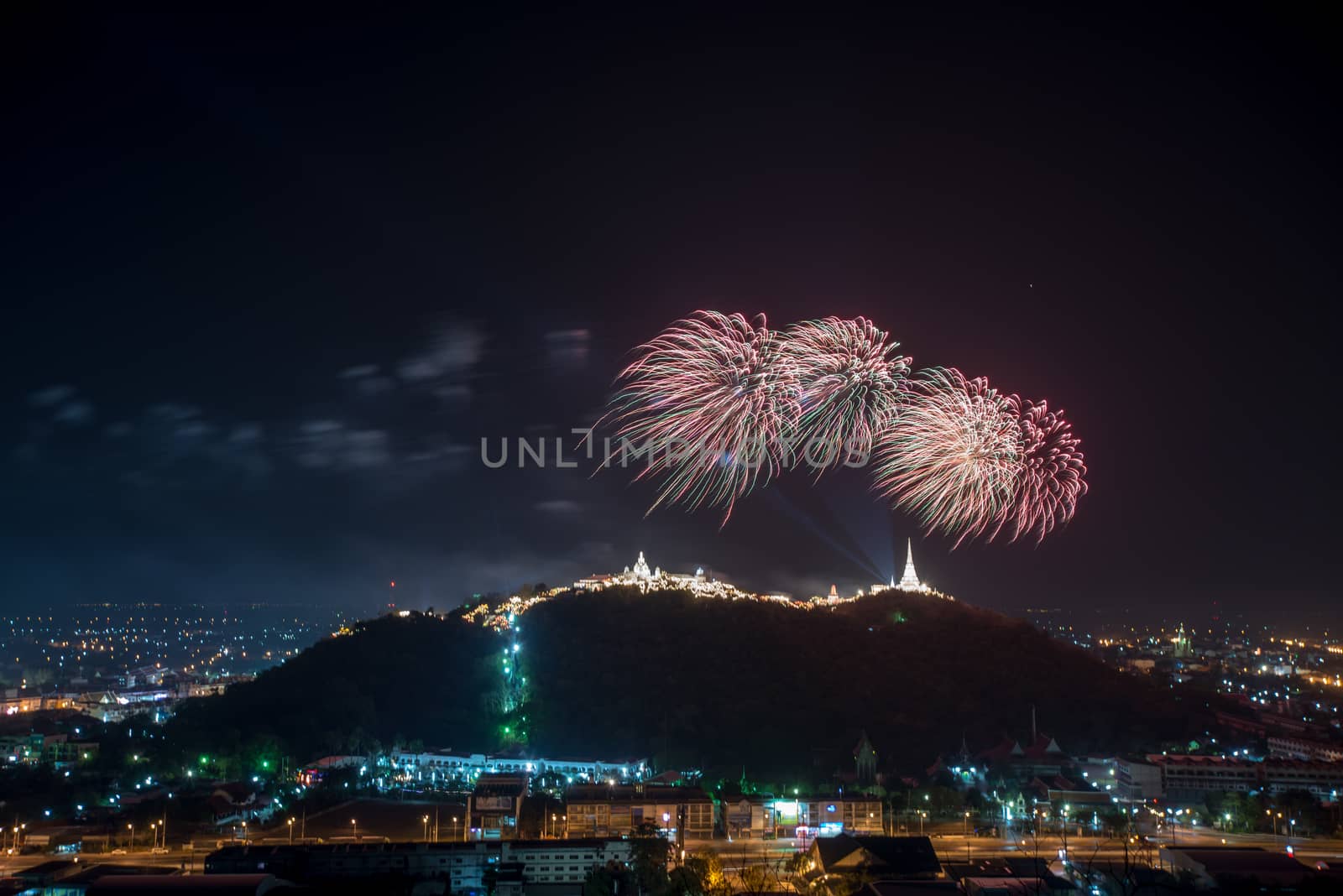 Fireworks show over Khao wang Historical Park, Petchaburi, thail by chanwity