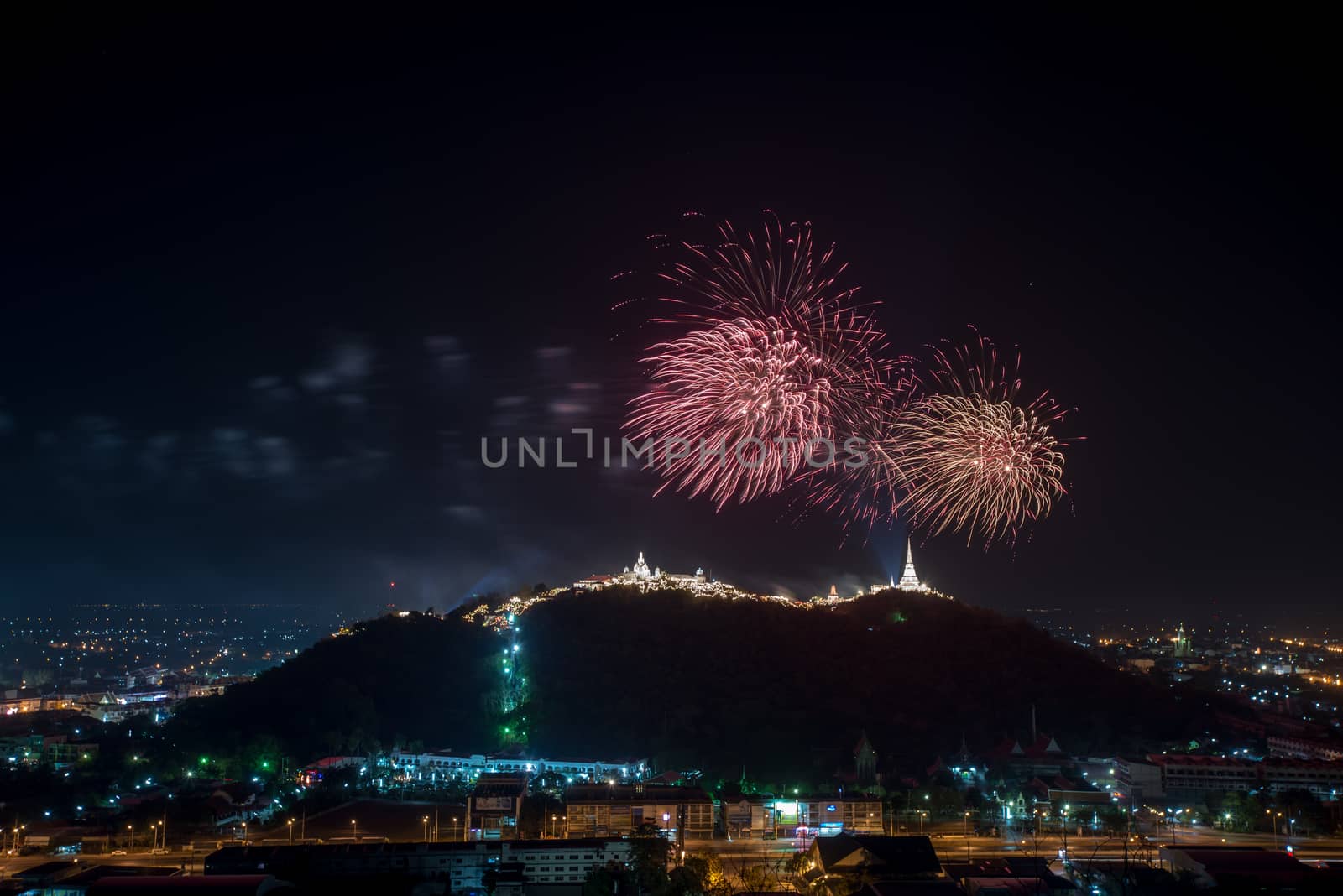 Fireworks show over Khao wang Historical Park, Petchaburi, thail by chanwity