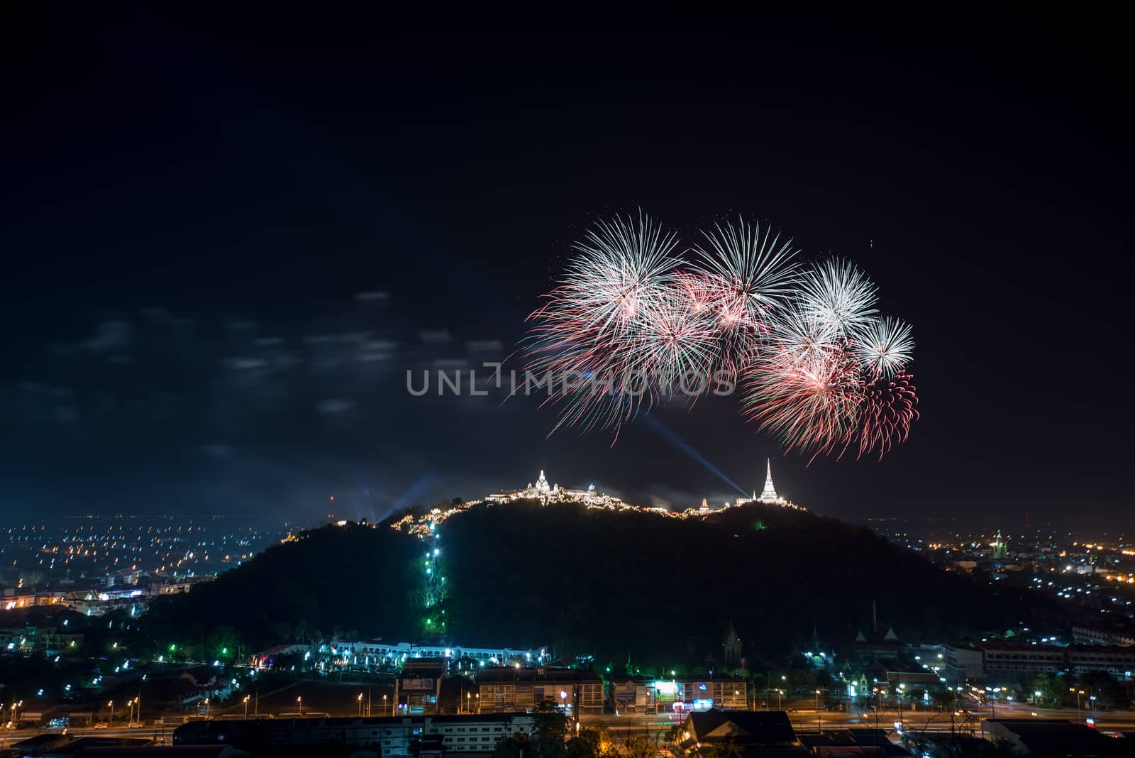 Fireworks show over Khao wang Historical Park, Petchaburi, thailand