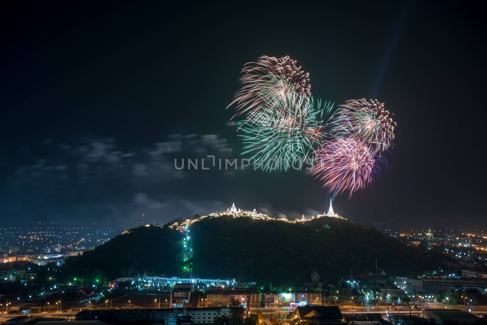 Fireworks show over Khao wang Historical Park, Petchaburi, thail by chanwity