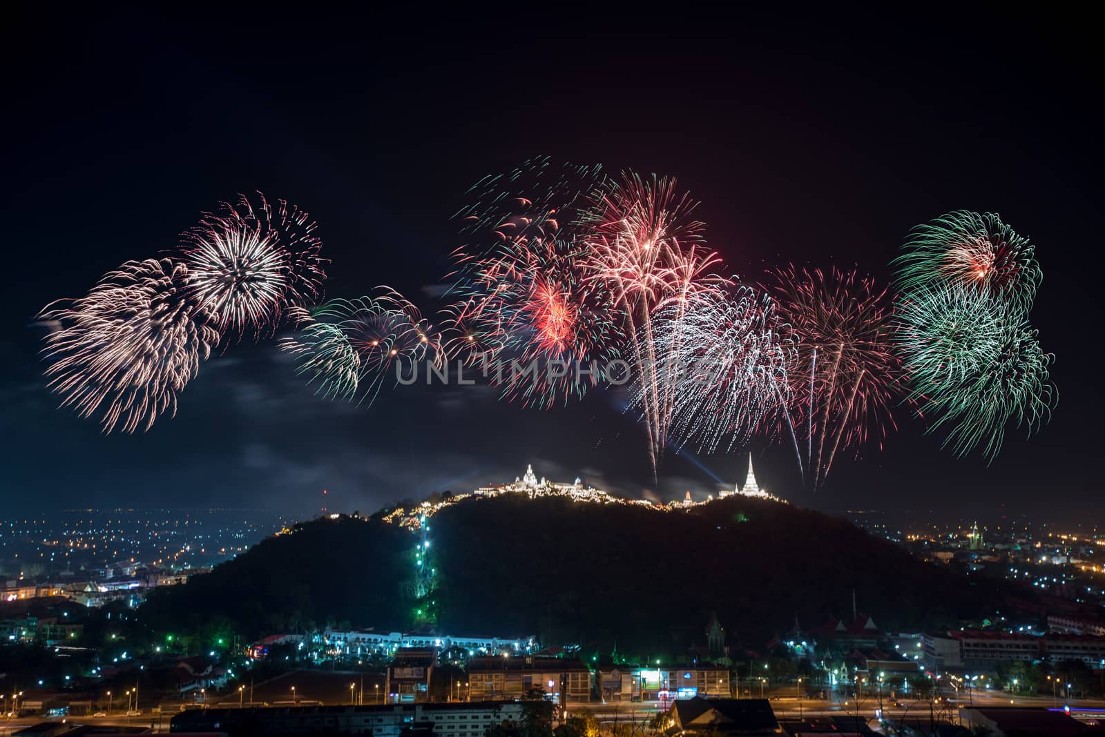 Fireworks show over Khao wang Historical Park, Petchaburi, thailand