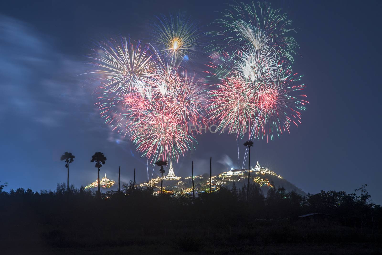 Fireworks show over Khao wang Historical Park, Petchaburi, thailand
