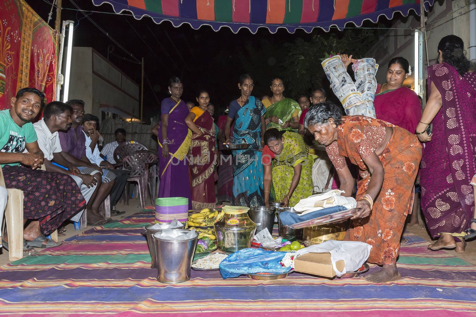 Pondicherry, Tamil Nadu, India - May 11, 2014 : Once month before birth of the baby, families celebrate the soon birth, with village people, offerings, ceremony, gifts