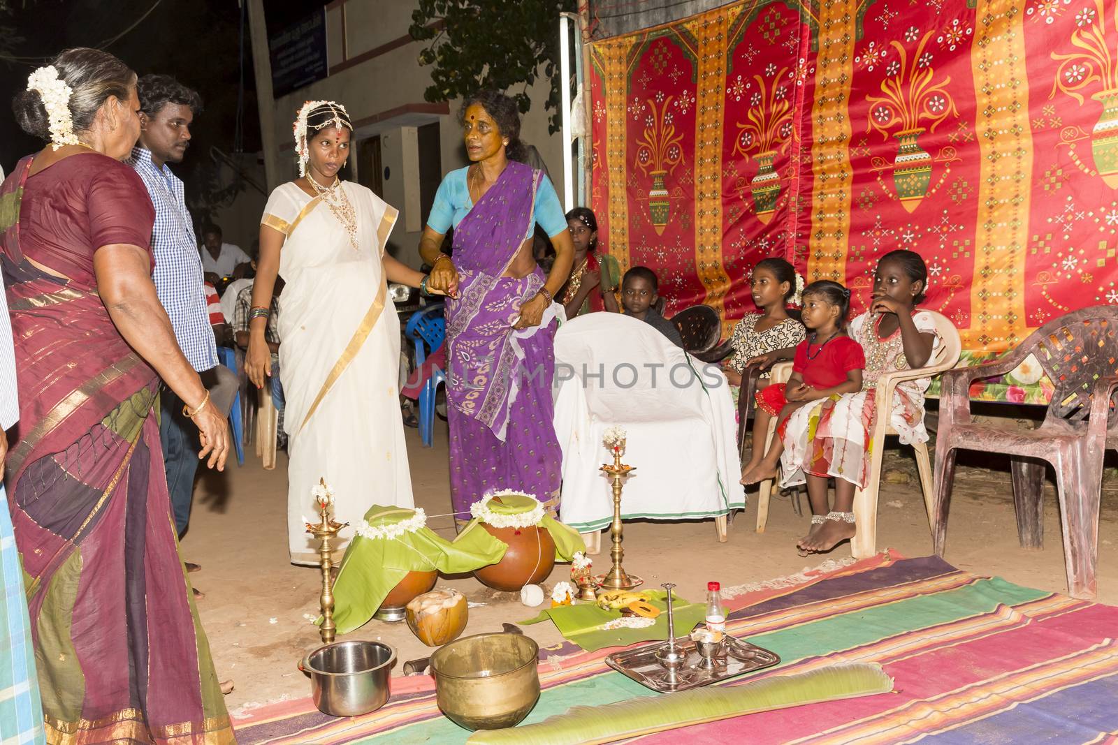 Pondicherry, Tamil Nadu, India - May 11, 2014 : Once month before birth of the baby, families celebrate the soon birth, with village people, offerings, ceremony, gifts