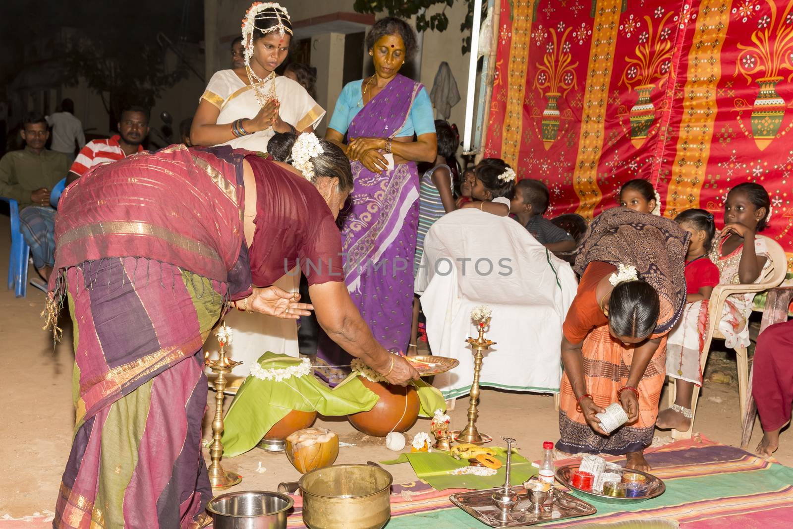 Pondicherry, Tamil Nadu, India - May 11, 2014 : Once month before birth of the baby, families celebrate the soon birth, with village people, offerings, ceremony, gifts