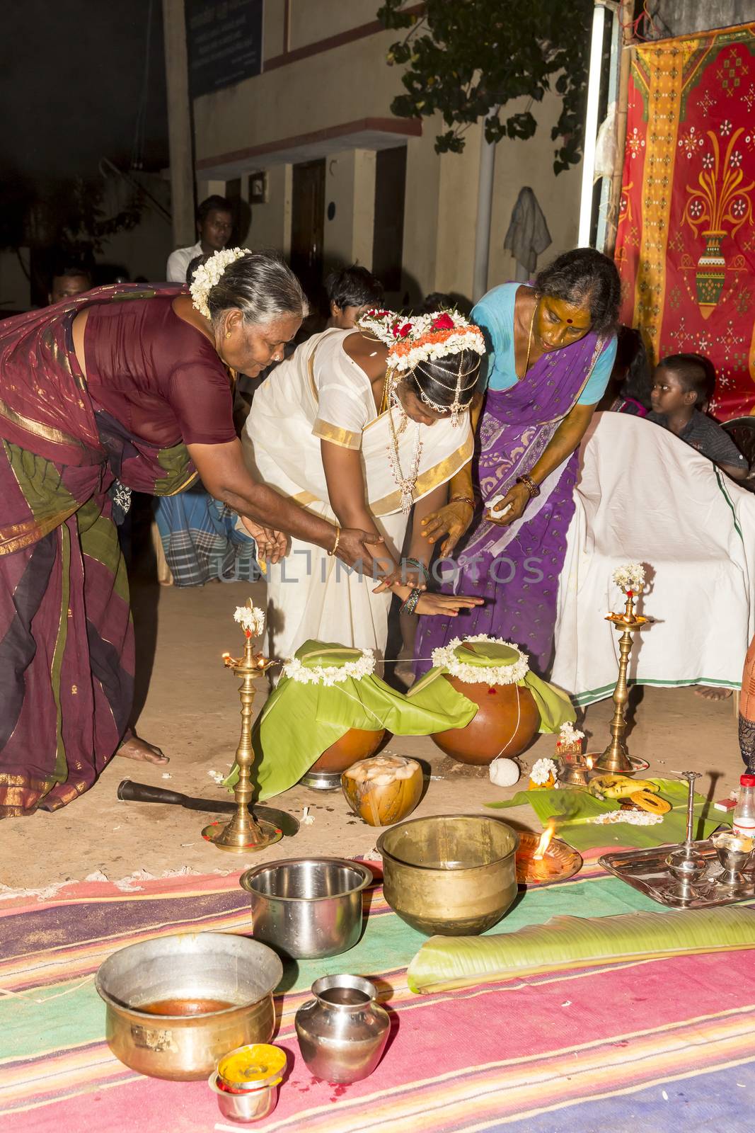 Pondicherry, Tamil Nadu, India - May 11, 2014 : Once month before birth of the baby, families celebrate the soon birth, with village people, offerings, ceremony, gifts