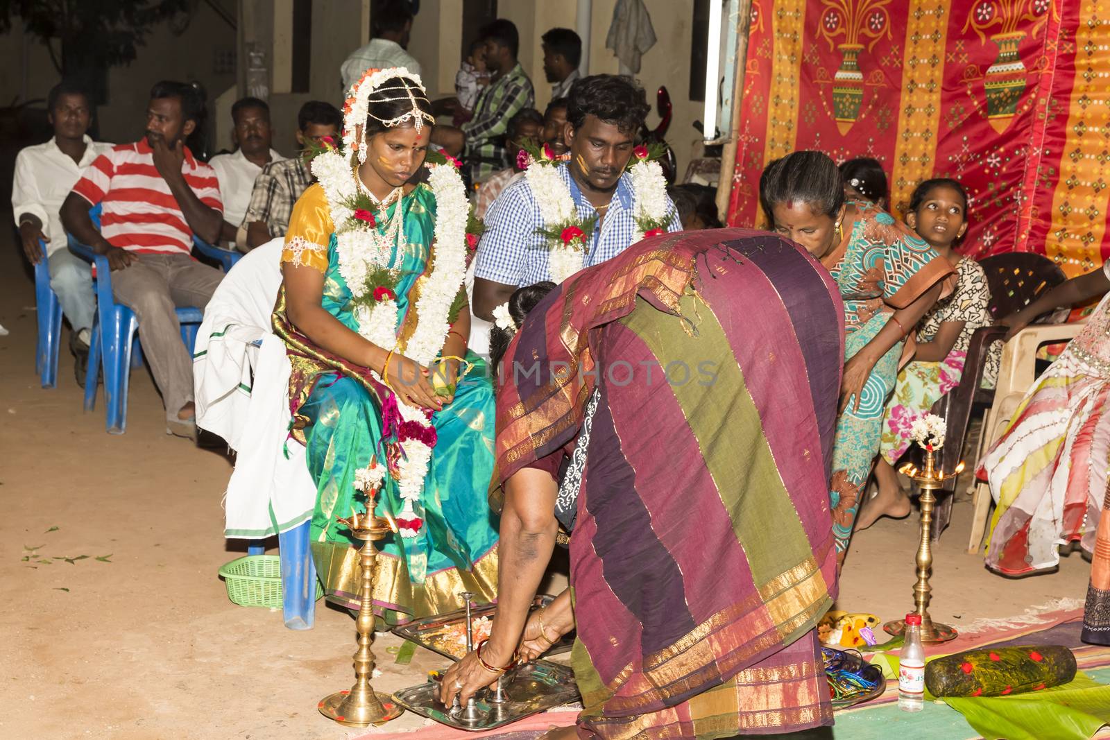 Pondicherry, Tamil Nadu, India - May 11, 2014 : Once month before birth of the baby, families celebrate the soon birth, with village people, offerings, ceremony, gifts