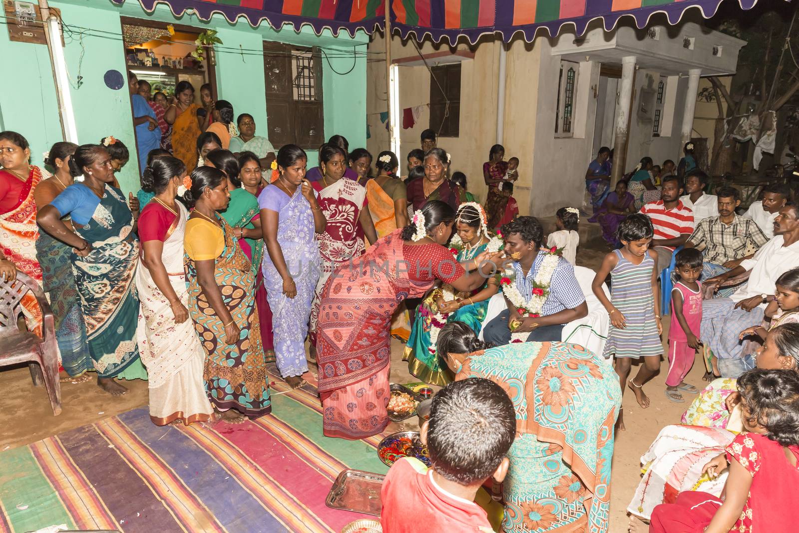 Pondicherry, Tamil Nadu, India - May 11, 2014 : Once month before birth of the baby, families celebrate the soon birth, with village people, offerings, ceremony, gifts