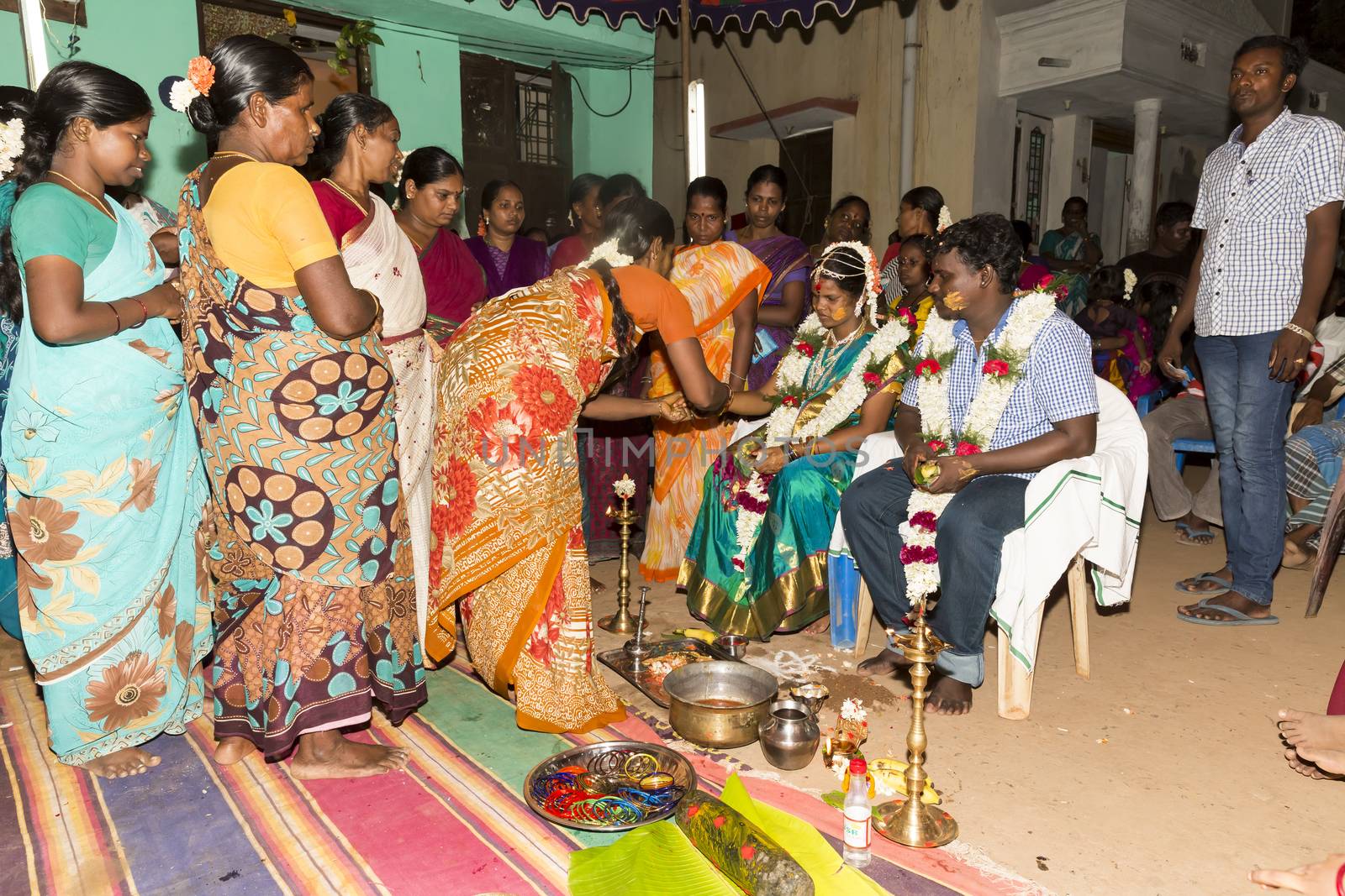 Pondicherry, Tamil Nadu, India - May 11, 2014 : Once month before birth of the baby, families celebrate the soon birth, with village people, offerings, ceremony, gifts